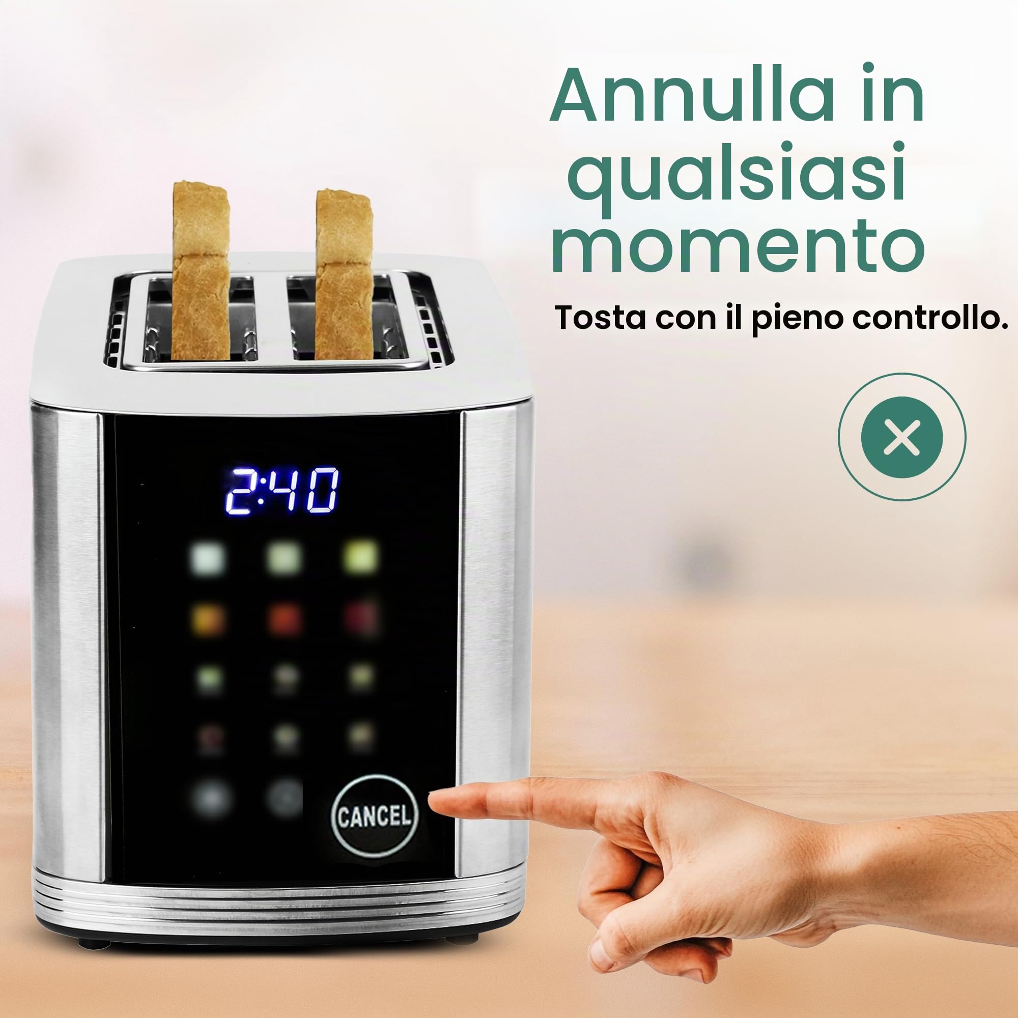 EMERIO Tostapane in acciaio inox con grande display a colori, touch, 2 fessure per tostapane, centraggio automatico, cassetto raccoglibriciole, scongelamento, riscaldamento, 6 livelli di doratura, 800
