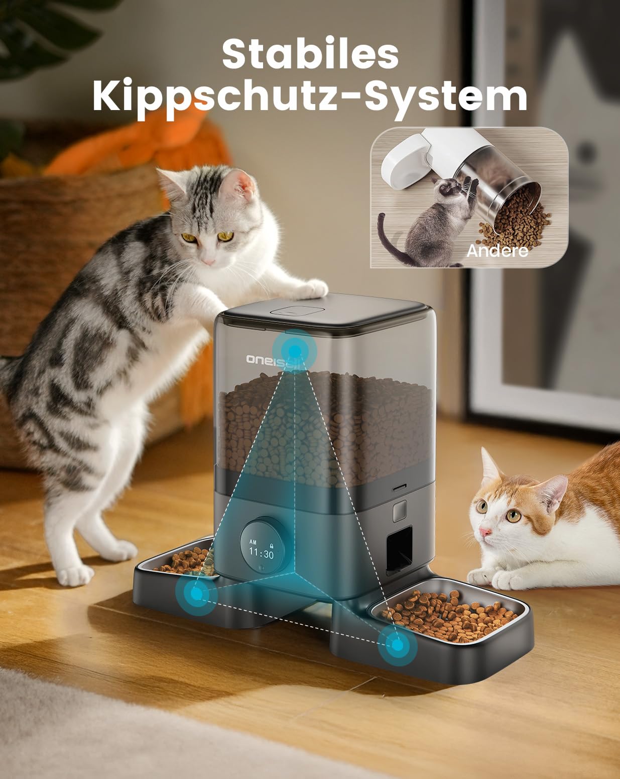 oneisall 5L Futterautomat Katze 2 Näpfe | Einfache Bedienung, 1–6 Mahlzeiten täglich, geeignet für Katzen und Hunde, mit 2 Edelstahlnäpfen, 2KG Trockenfutter speichern