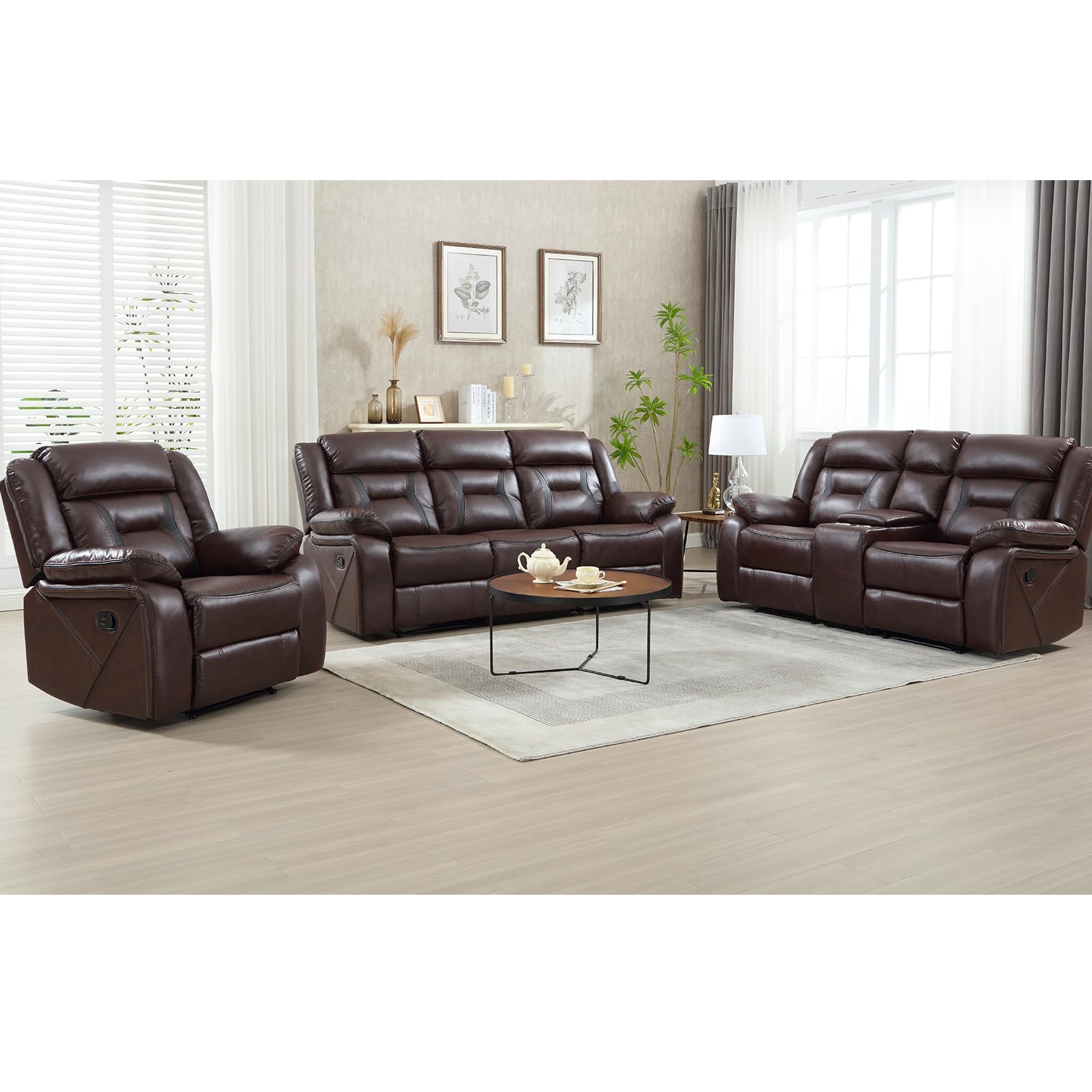 EBELLO Faux Leather Recliner Sofa Furniture Set for Living Room, Recliner Chair, Manual Loveseat, 3 Seat Recliniing Sofa Couch Set for Meeting Room, Dark Brown view 7