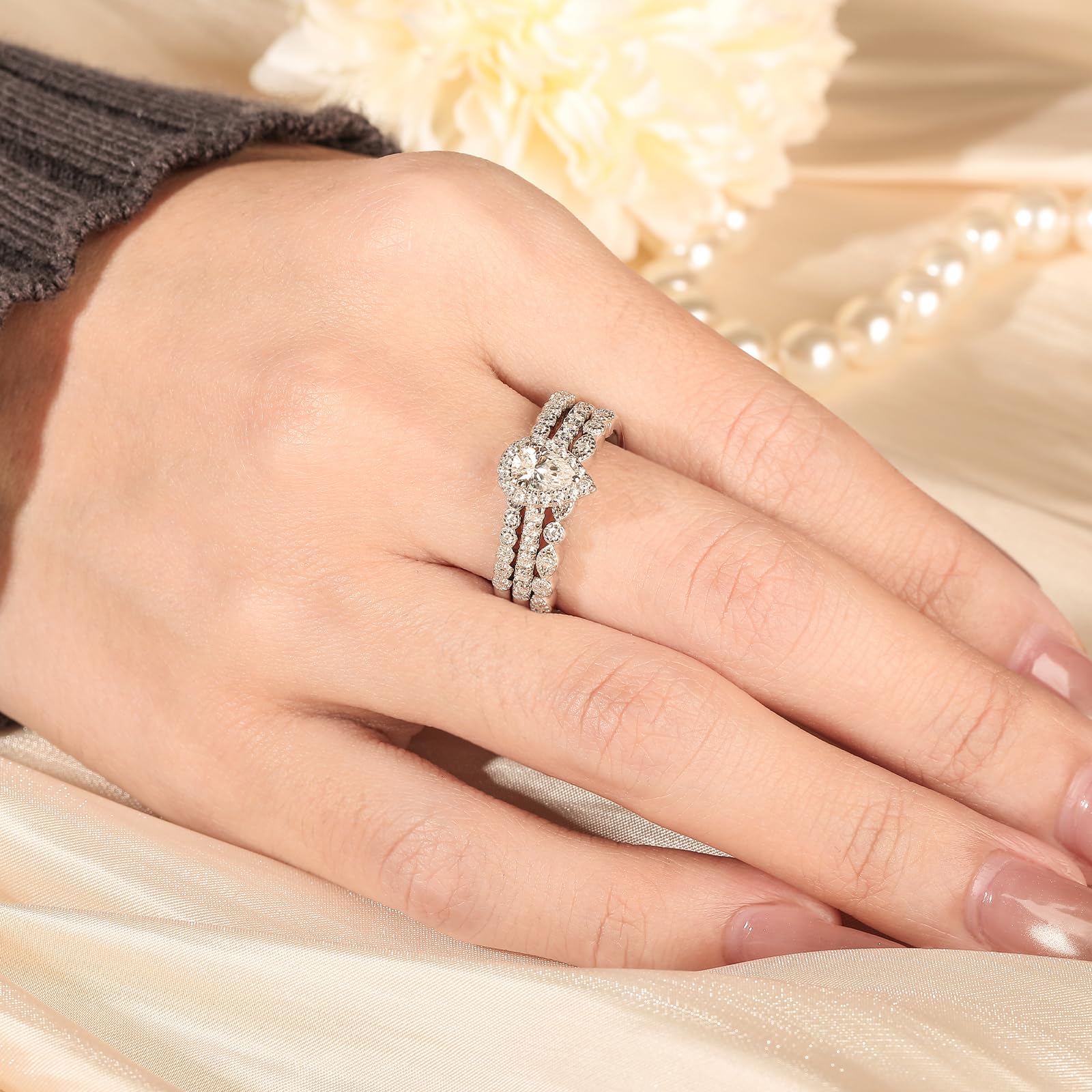 Damen Moissanit Band Ring Set Birnenschliff Vorsteckring 925 Sterling Silber Stapelring Rundschliff Silberring Austauschbar Ewigkeitsring Schmuckset für Frauen Geschenk