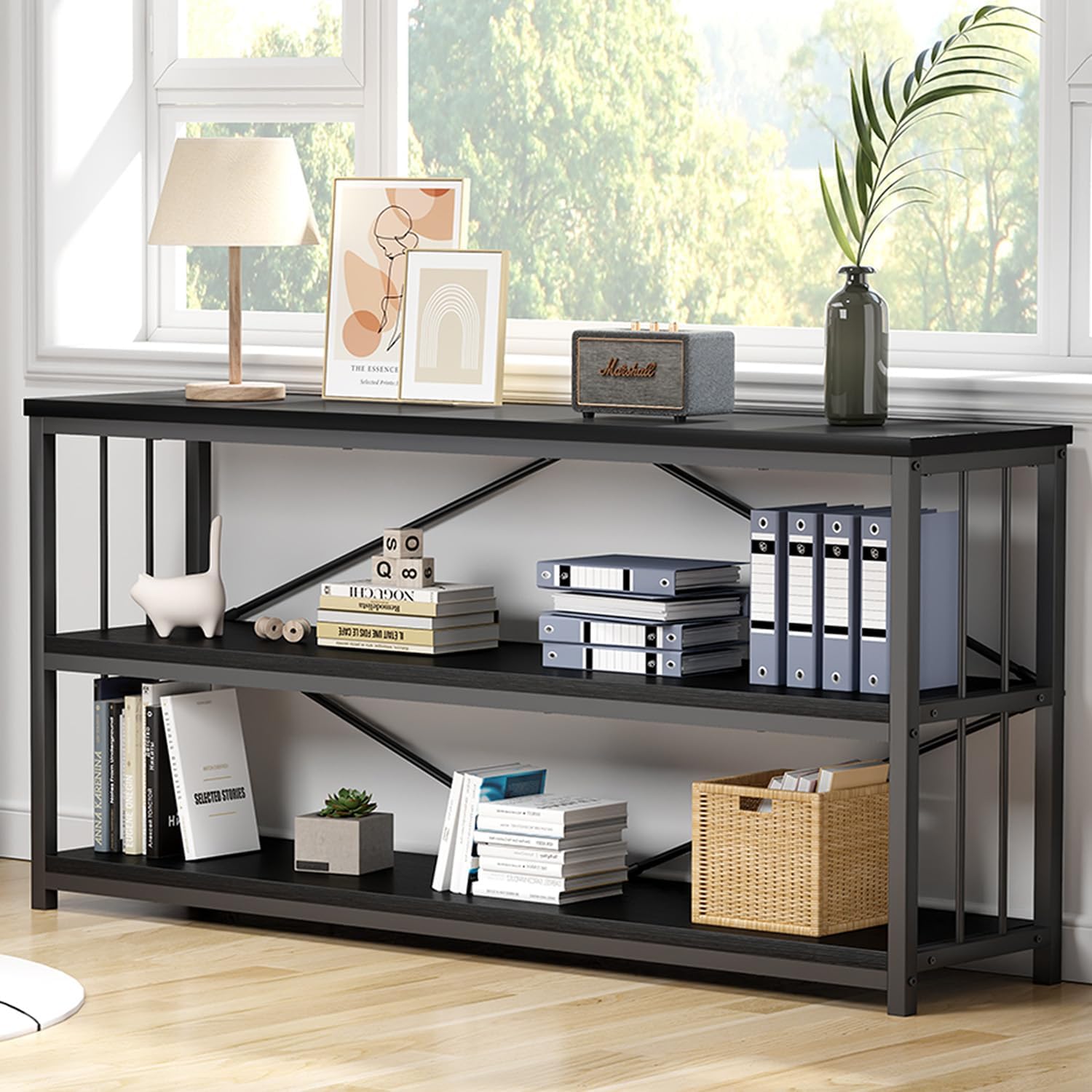 IBF 63" Black Low Horizontal Bookcase, Modern Long Wood Metal 3 Tier Book Shelf, Farmhouse Vintage Big Open Sturdy Bookshelf, Simple Large Wide Etagere for Home Living Room Office Bedroom, Black Oak