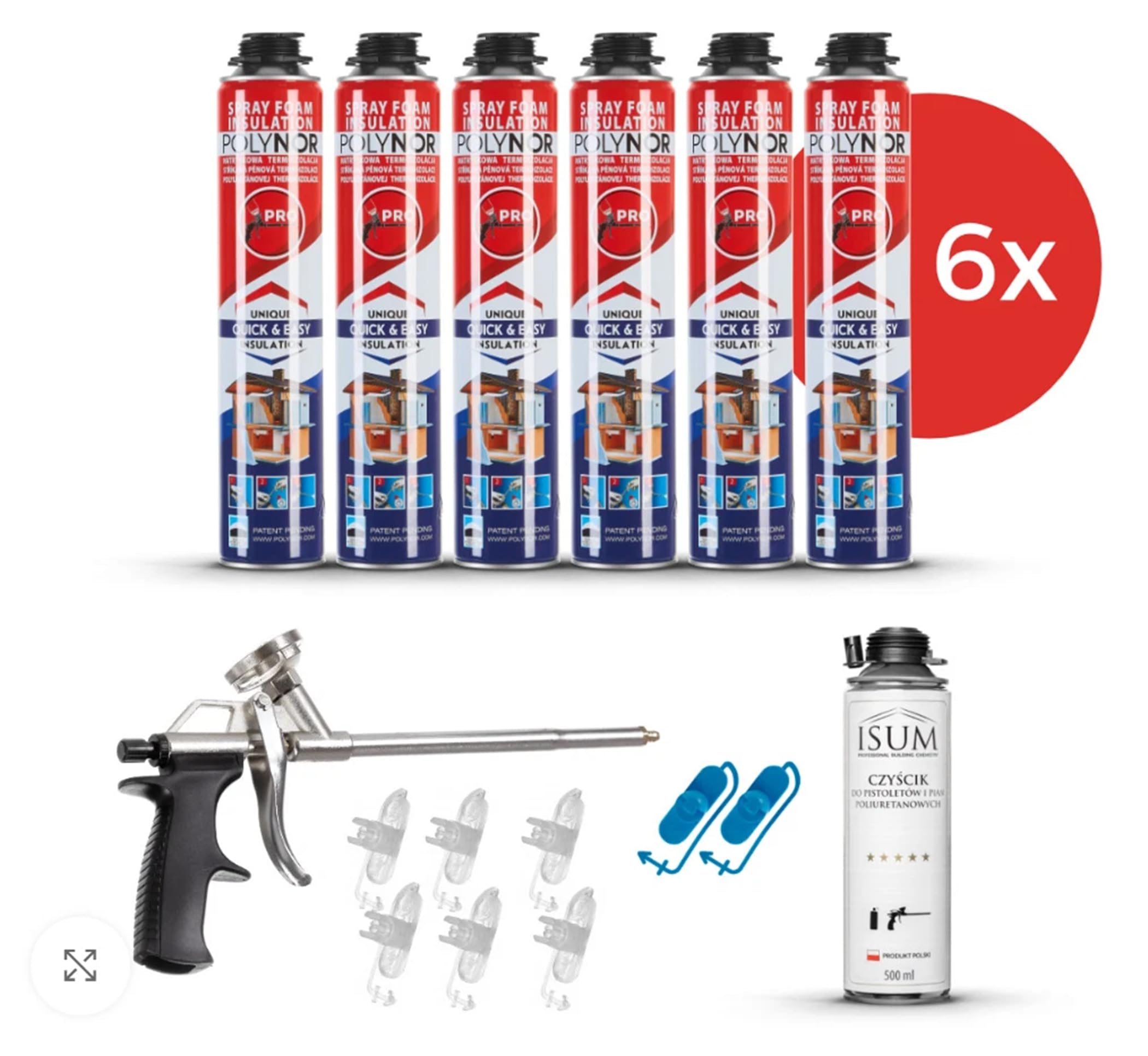 POLYNOR Isolation thermique PUR en bombe PRO - Kit 16 pièces - 6 mousses - Pistolet à mousse - Isolation thermique par pulvérisation - Isolation des murs, toits, plafonds, tuyaux - Aérosol 750 ml