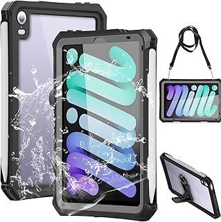 Capa à prova d'água para iPad Mini 6, WARGUZU IP68 Capa protetora à prova de choque com protetor de tela integrado, suporte para lápis, ID de sensibilidade ao toque, suporte, cordão para iPad Mini 6ª geração 8,3 polegadas 2021