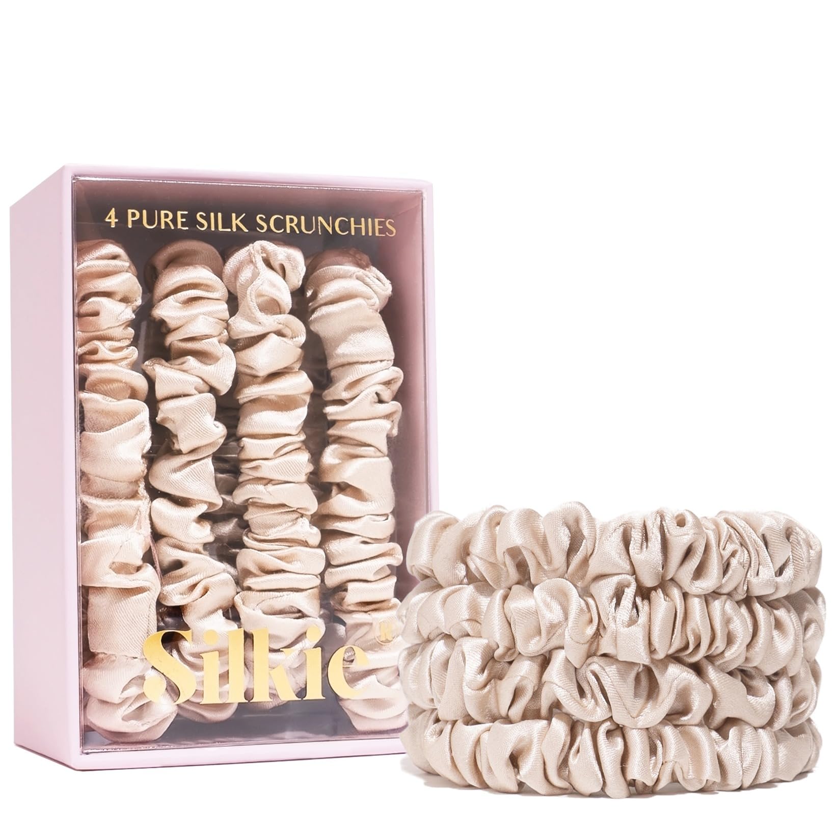 SILKIE x4 Set 100% Pure Mulberry Silk Champagne Skinny Scrunchies Travel Pouch Everyday Hair Ties Elastics Hair Care Ponytail Holder No Damage(Champagne)