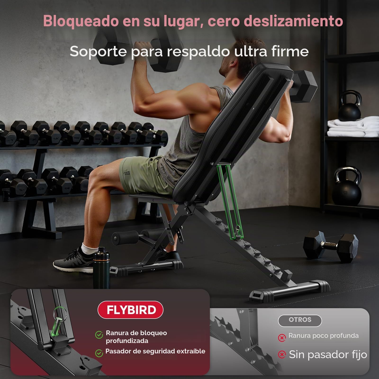 Banco de pesas regulable, plegable y fácil de guardar, posiciones plana/inclinada/declinada/vertical para entrenamiento integral en casa y oficina, preensamblado al 80%