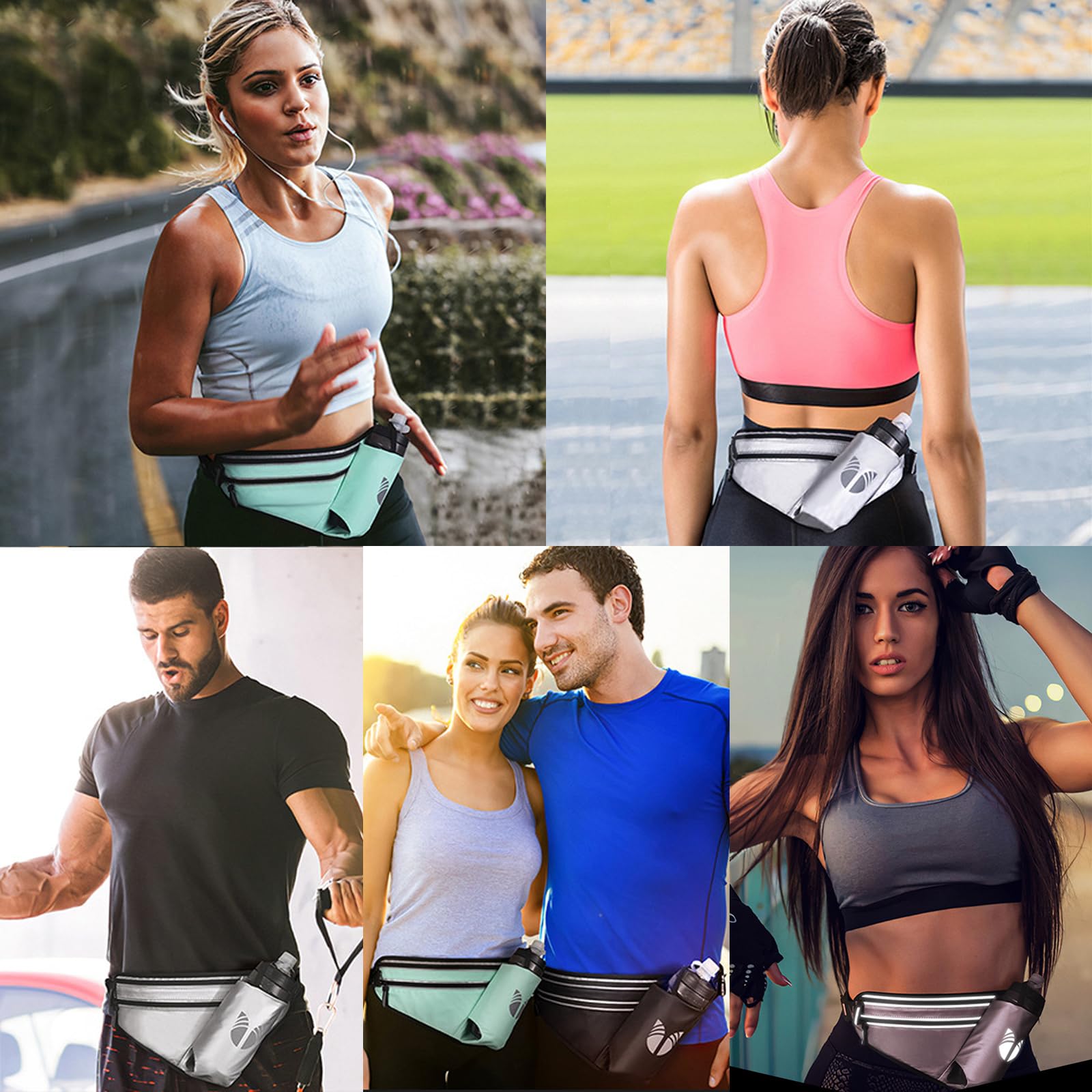 Marsupio Fanny Pack Bag Sportiva Impermeabile Marsupio con Portabottiglia Design Riflettente Cintura Regolabile (65-128CM) per Uomini Donne Corsa Trekking Viaggio Ciclismo Argento