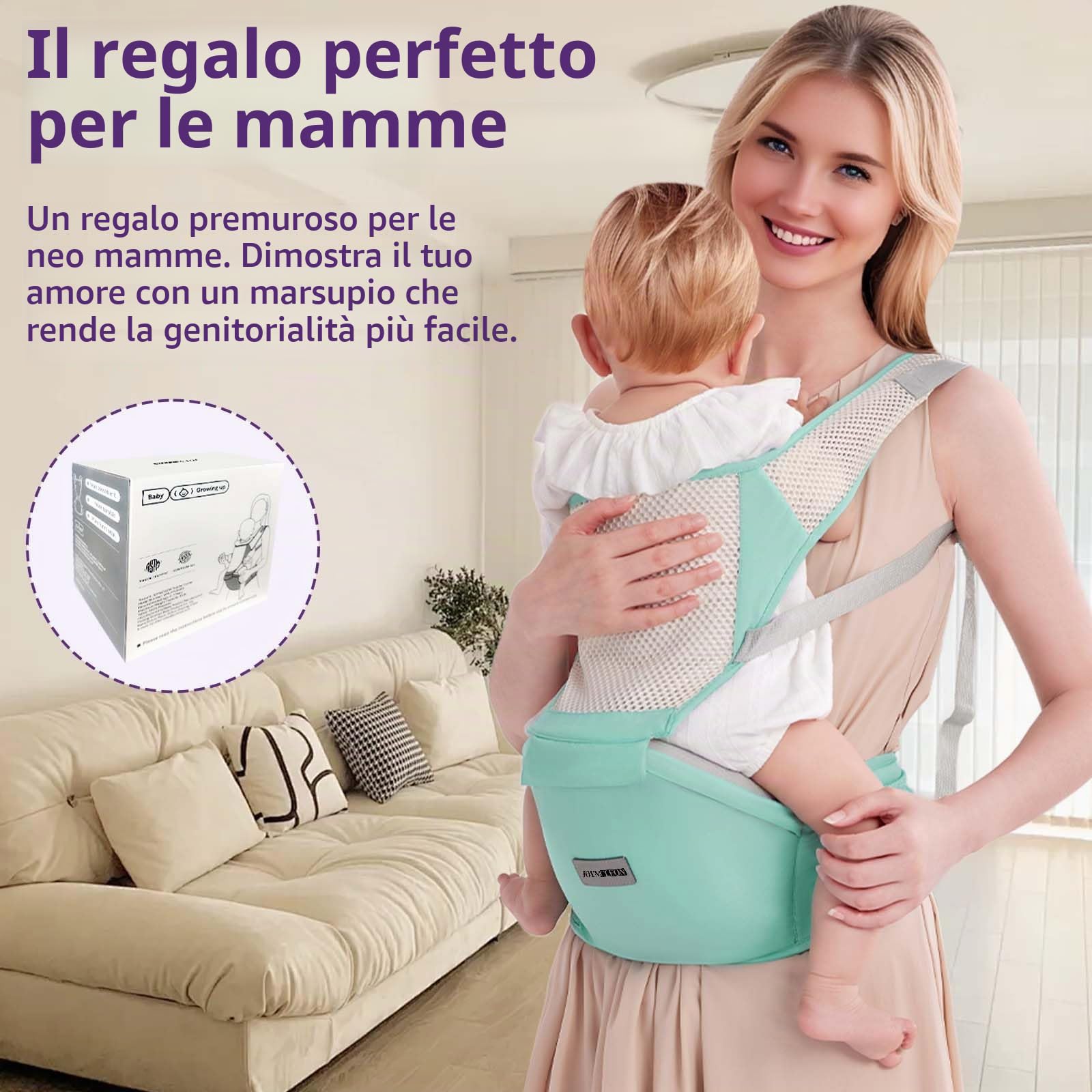Portabebè Fisiologico da Neonato a Bambino, Fascia Portabebè Laterale con Spallone Extra Largo, Regolabile ed Ergonomico 0-36 Mesi, per Viaggi e Supporto Anca Sano (Verde)