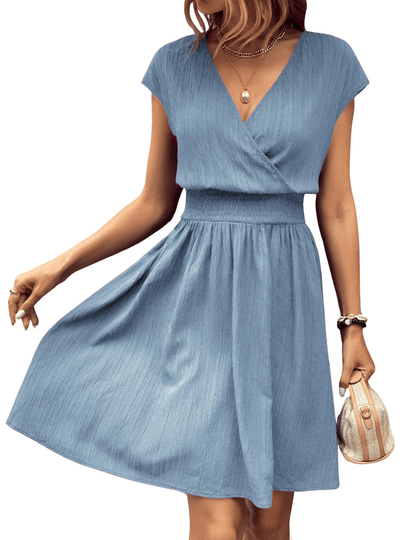 Photo 1 of SweatyRocks Women's Short Batwing Sleeve Cross Wrap V-Neck A-line Casual Swing Dress Plain Shirred Flared Short Dress Large Pale Blue