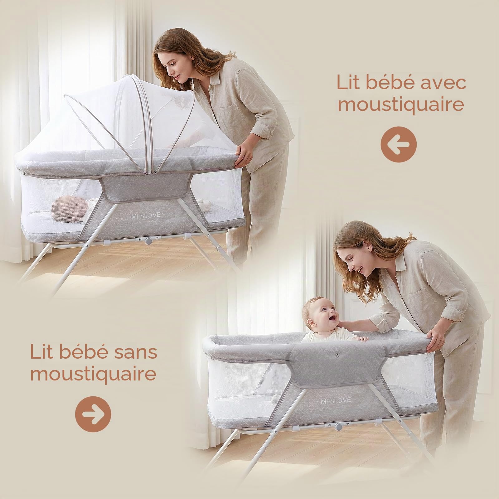 Lit de bébé portable avec moustiquaire, berceau pliable nouveau-né à 6 mois