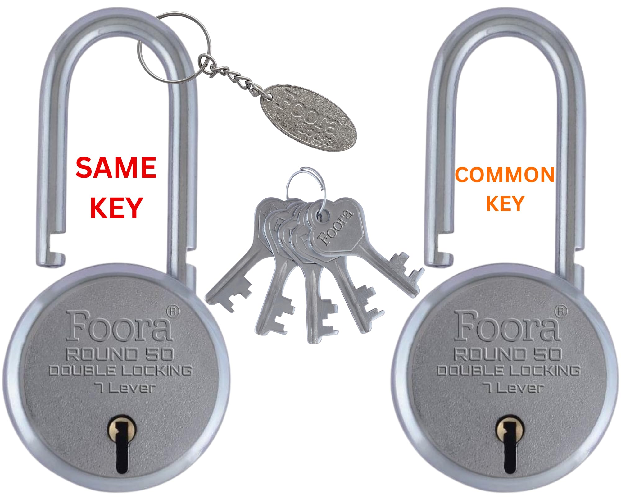 Foora Small Lock and Keys, Long Neck Shackle Door Lock for Home, Shop Same Key for Multiple Lock, 2 Padlock 5 Same Key Lock Set, Common Key Lock Set of 2 Silver Finish — Amazon image 2