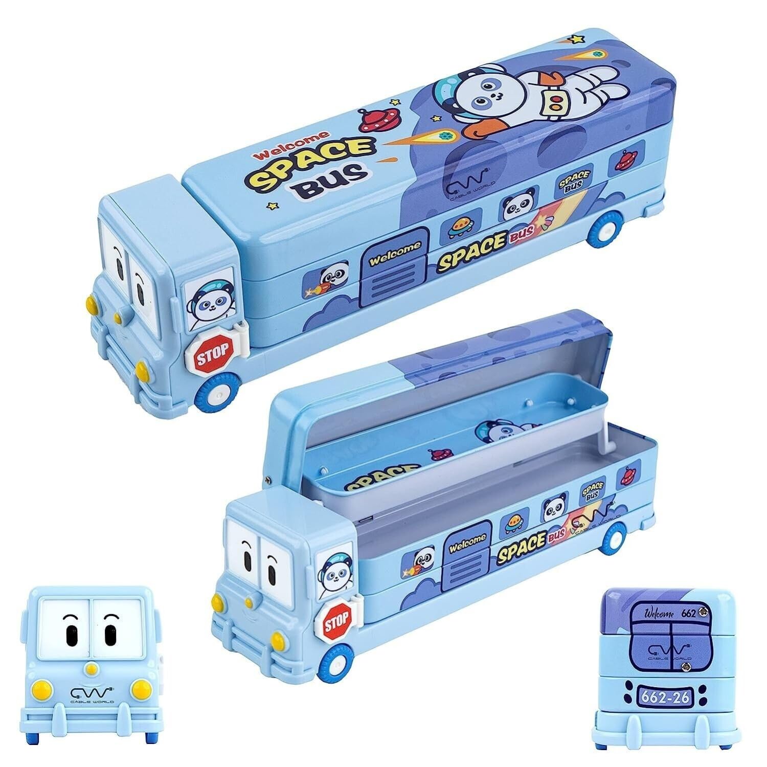 TRU TOYS Bus Shape Pencil Box, Cartoon Printed Bus Geometry Box, 3 Compartment Compass Box with Moving Tyres and Sharpener, Double Decker Panda Space Bus Pencil Box, School Supplies for Kids (Blue)