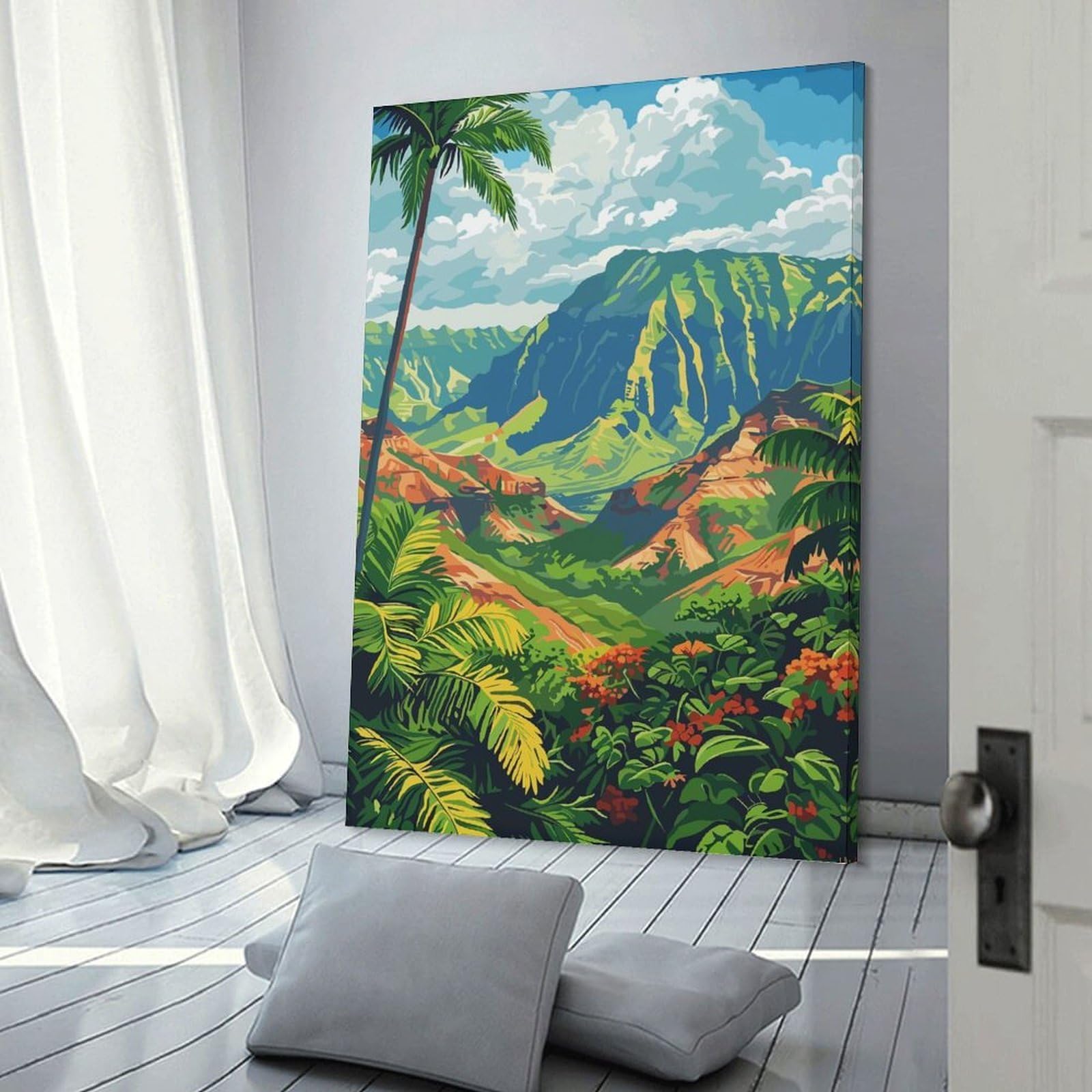 Junmoney Tropical Mountain Landscape with Palm Trees Canvas Art Print, 20x30inch(50x75cm), for Bedrooms, Workspaces And Everyday Interiors, A Flexible Wall Accent for Shared Spaces