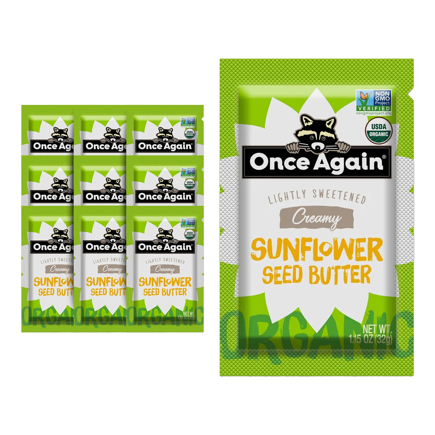 Once Again Organic Sunflower Butter Packets - Individual Sunflower Butter Packets for Snacks, Travel, Lunches - Single Serve Squeeze Packs - Vegan, Non-GMO, Gluten Free - 1.15 Ounce Packs, 10 CountUSDA Organic