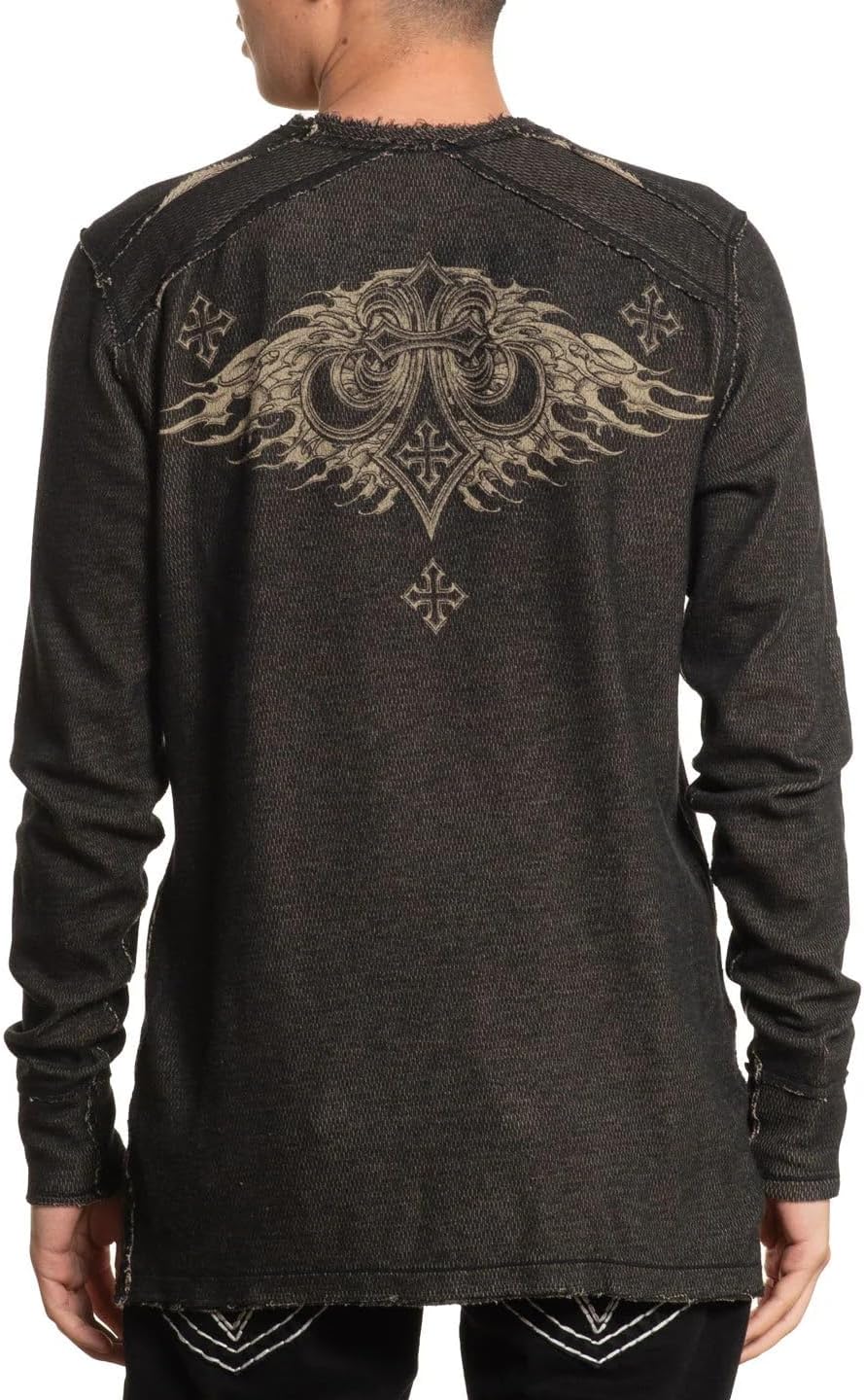 Affliction Men's Reversible Long Sleeve Thermal Shirt, Skull Design, Distressed Graphic Print