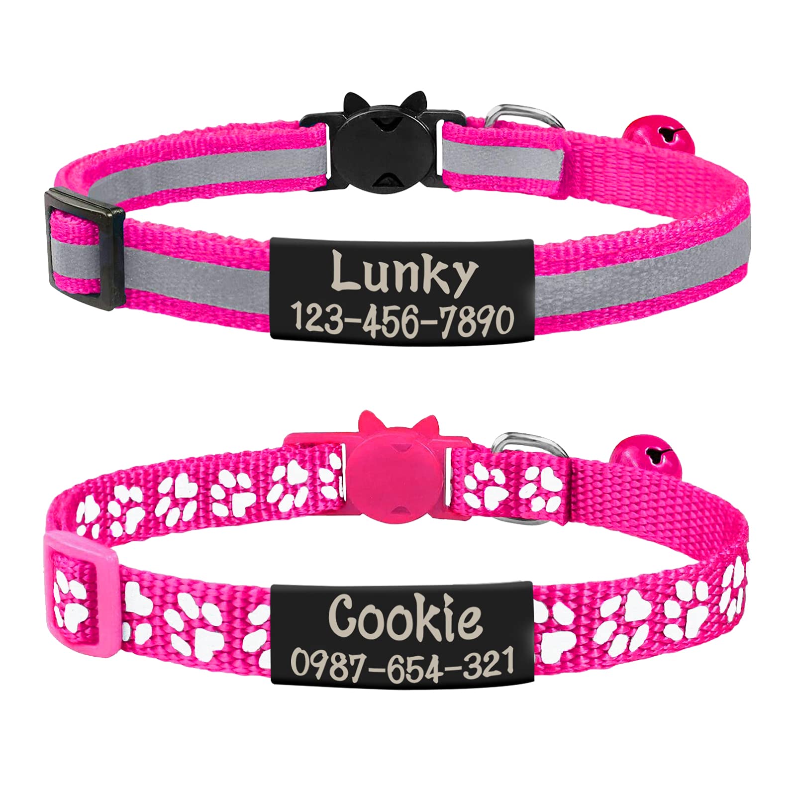 Uiopa 2 Piezas Collar Gato Personalizado + 2 Piezas Chapa Perro Grabada, Collar Gato Antiahogo con Cascabel y Hebilla Seguro de Liberación Rápida, Collar Perro Reflectante Ajustable (Rosa roja)