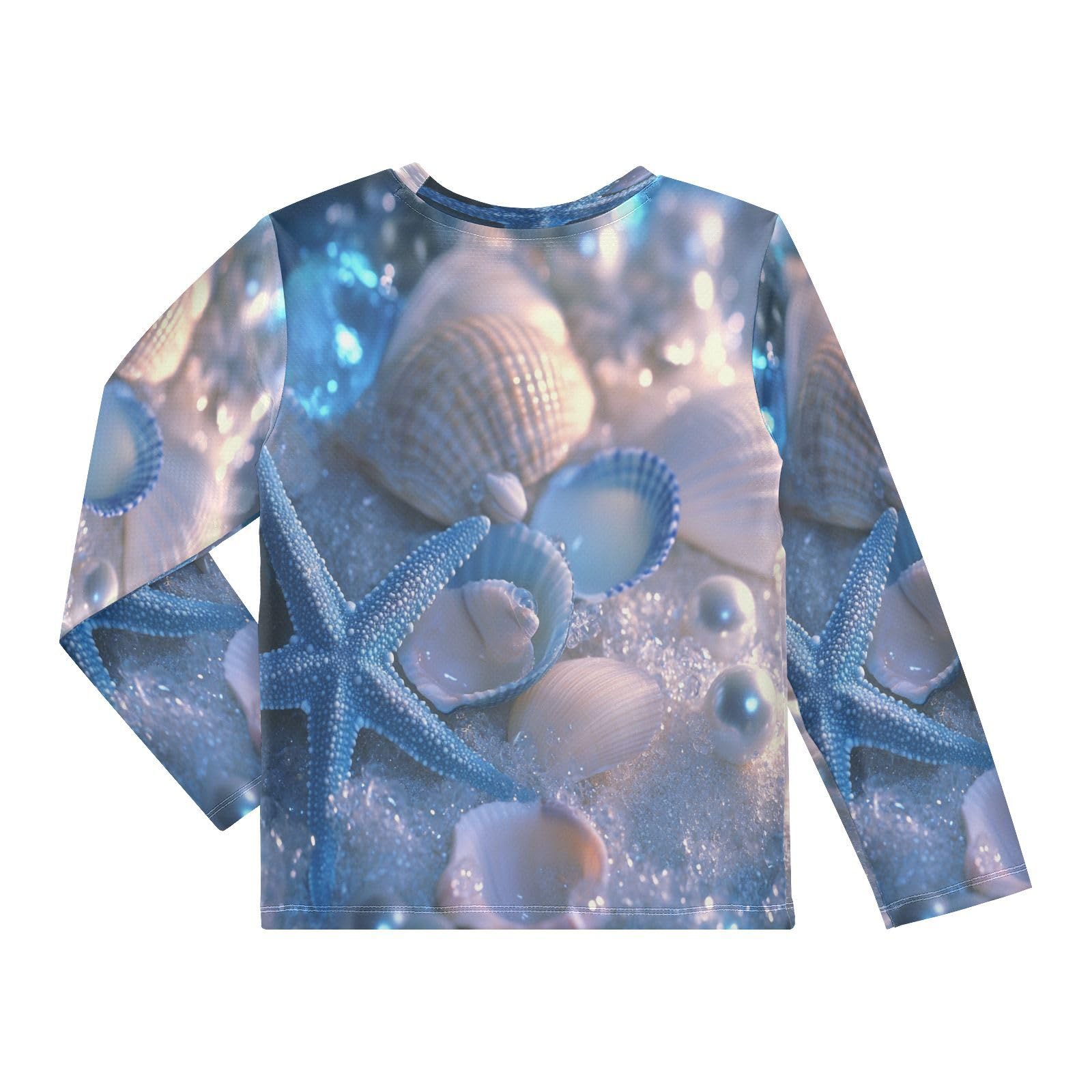 DOMIKING Seashell Pearl Blue Boys Long Sleeve Rashguard Shirt Kids Quick Dry Swim Shirt for Toddler Kid 9-10T