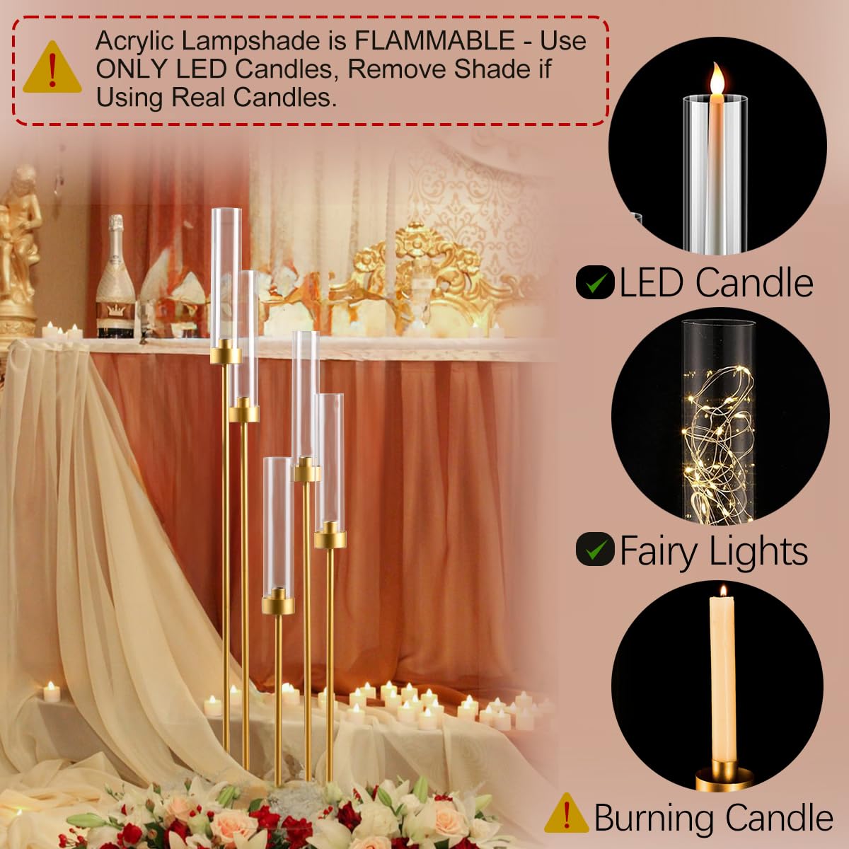Chandelier doré de 100 cm, bougeoir à 5 Bras avec Abat-Jour en Acrylique pour Table de Mariage, fête d'anniversaire, décoration d'intérieur, Convient aux Bougies Coniques LED
