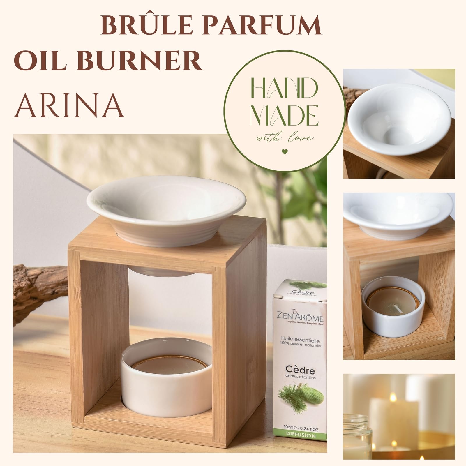 Brûle Perfumy Arina - Zapachowy palnik kremówki woskowej - Dyfuzor olejków eterycznych i zapachów atmosfery - świecznik do aromaterapii z drewna i ceramiki dekoracyjnej - wysokość: 12 cm - Zen'Arôme