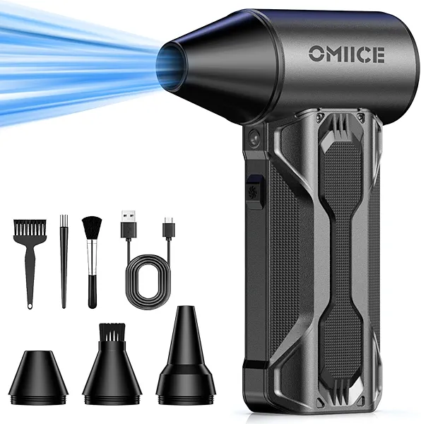 OMIICE Compressed Air Duster, 150000RPM (Actual RPM) Electric Air Duster with 3 Gear Speed Adjustable, Rechargeable Cordless Dust Cleaner with Brush/Lighting for Keyboard, PC, Car, Outdoor, Air Bed