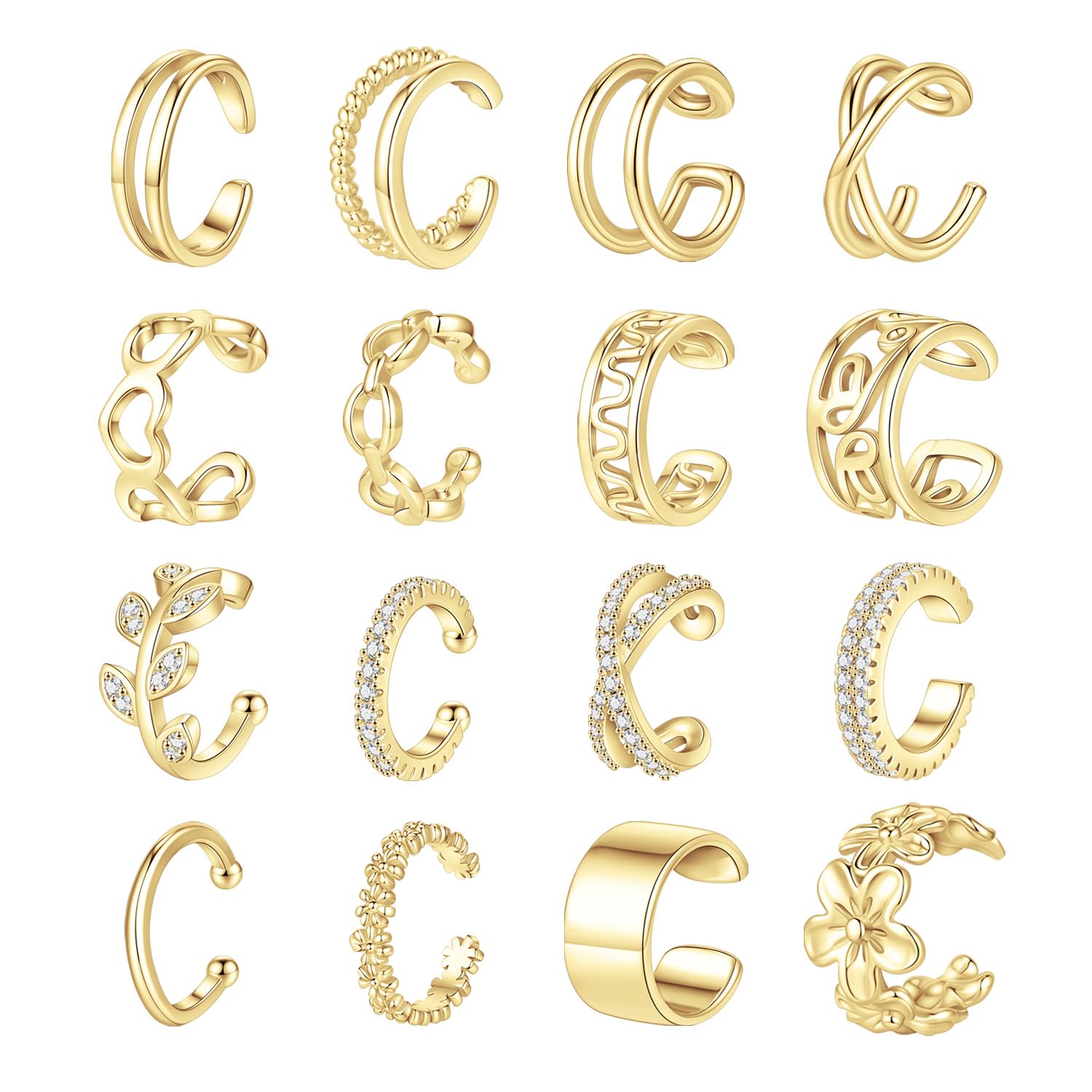 Jewdreamer 16Pcs Ear Cuffs for Women Non Piercing 14K Gold Silver Ear Cuffs Earrings Non Pierced Clips On Cartilage Earring Fake Earrings Lightweight