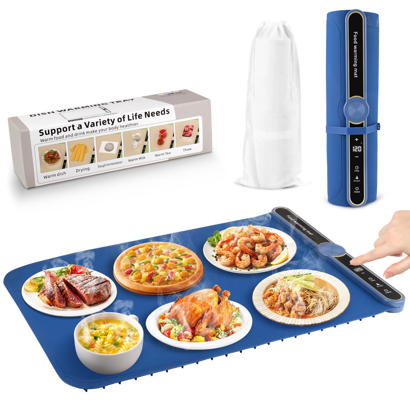 Chauffe Plat Electrique,avec 9 températures,6 réglages de minuterie,Chauffe Plat Portable en Silicone Enroulable avec Sécurité Enfant,Chauffage la Surface en 5s,pour Buffets Fêtes Banquet, Beige