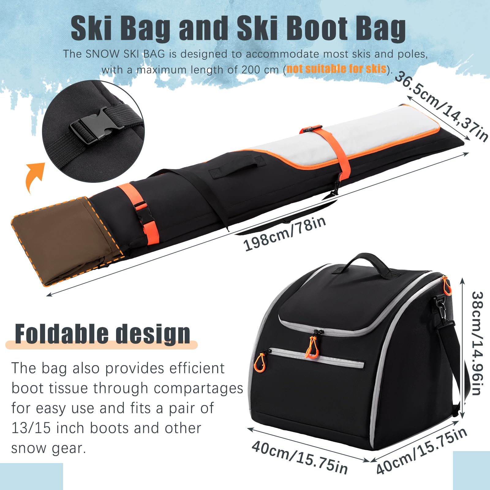 CPEGHDVM Ski Bag and Boot Bag Combo- Ski Bags for Air Travel, Ski Boot Bag Safety Reinforce Ski Carrier Bag Fits for Skis Up to 200cm & Boots US13, Water- resistant Ski Travel Bag ? ?