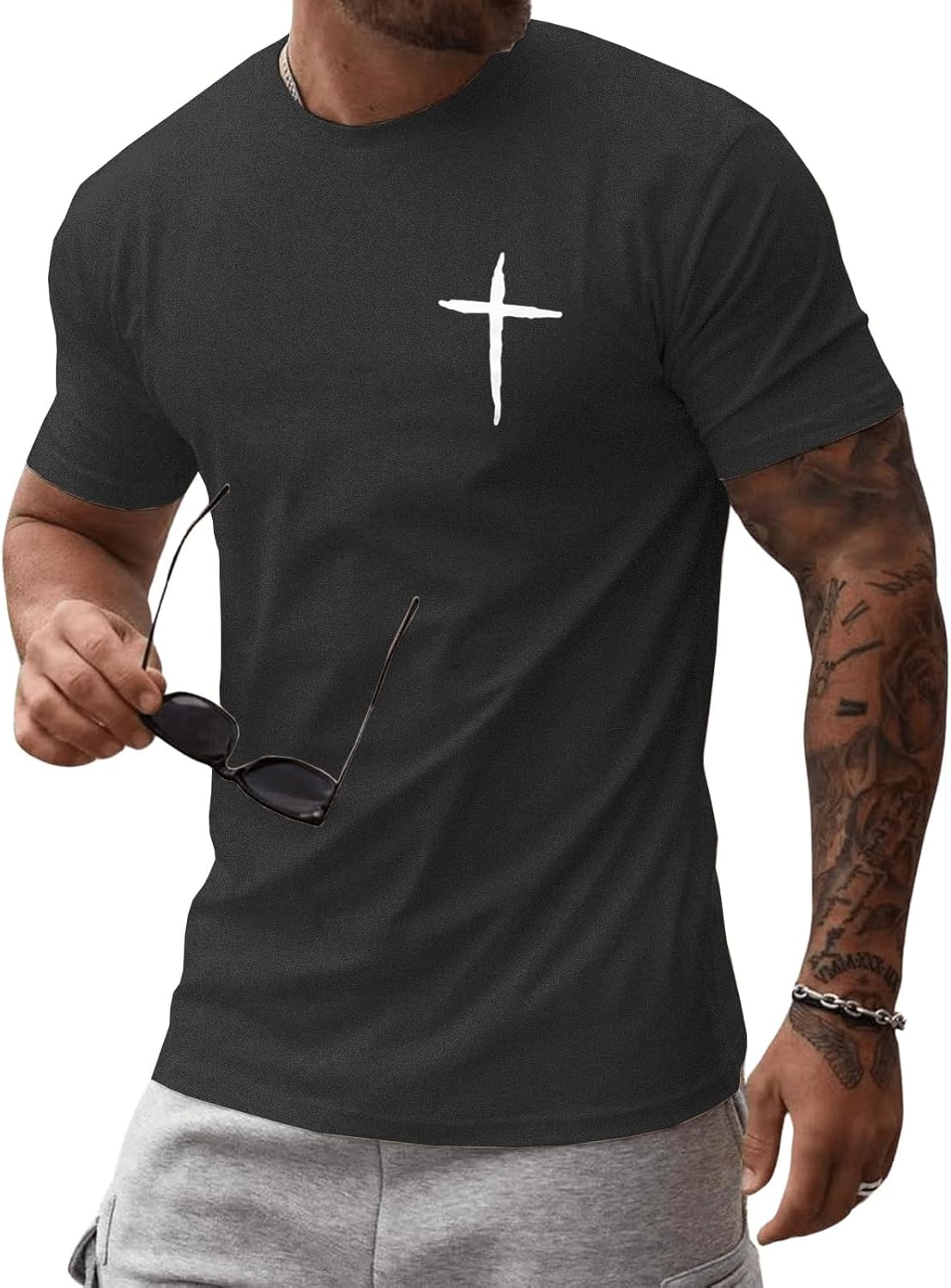 Mens Short Sleeve Cotton T-Shirts Crew Neck Jesus Cross Printed Shirts Faith Christ Shirts