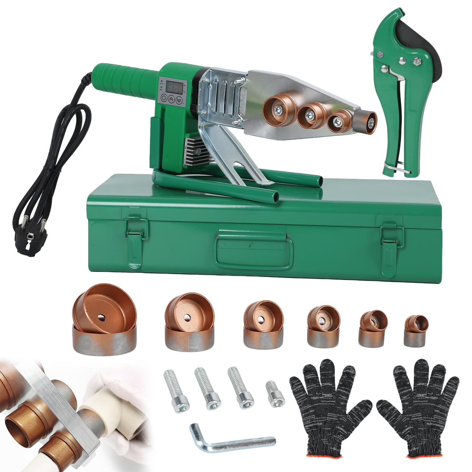Soldadora de manguitos, 1500 W, para tubos de plástico, diámetro 20/25/32/40/50/63 mm, control de temperatura 0 – 300 °C, soldadora profesional para tubos con tijeras de tubo de 42 mm y 6 manguitos