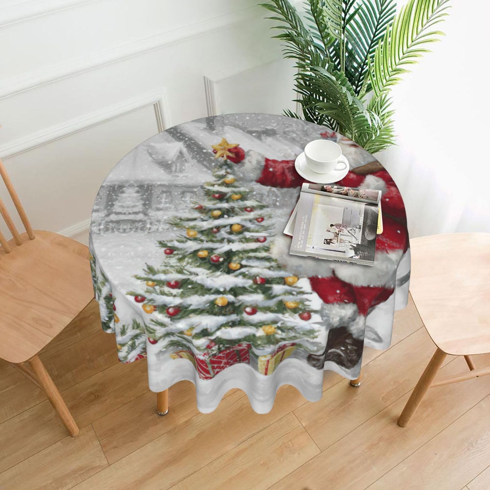 Uusnwaa Santa Claus Snow Secenry Print Round Tablecloth 60 Inch, Stain Wrinkle Resistant Washable Polyester Table Cover For Kitchen Party