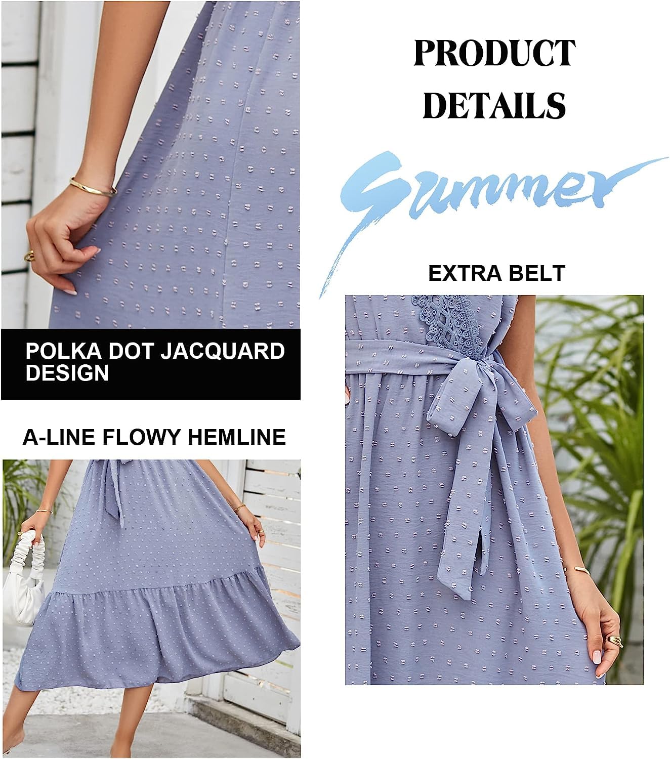 Femmes col en V Robe à Lacets Volants Manches décontractées Robe de midi a - Ligne Robe d'été Taille Haute