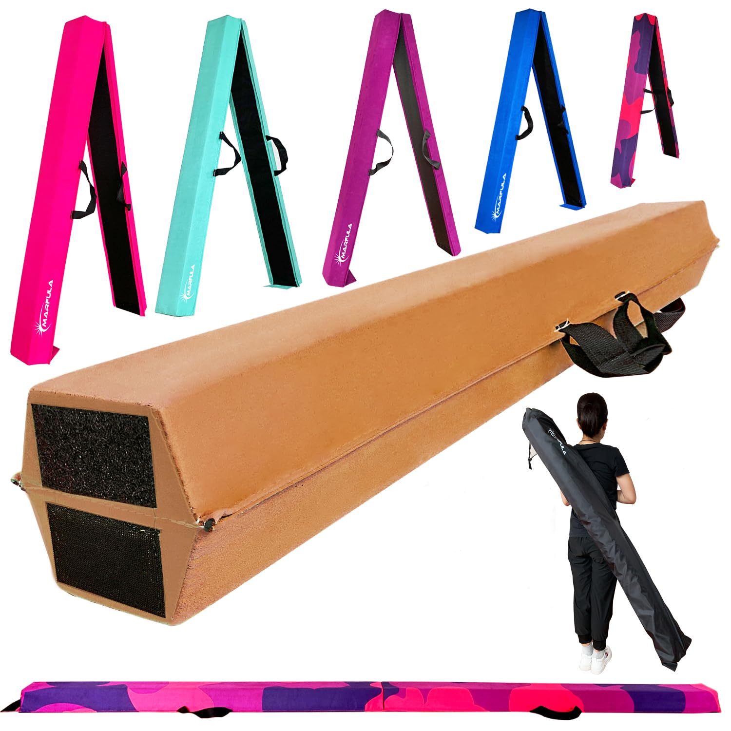 MARFULA 6 FT / 8 FT / 9 FT Folding Gymnastics Beam Foam Balance Floor Beam - Extra Firm - Suede Cover - Anti Slip Bottom with Carry Bag for Kids/