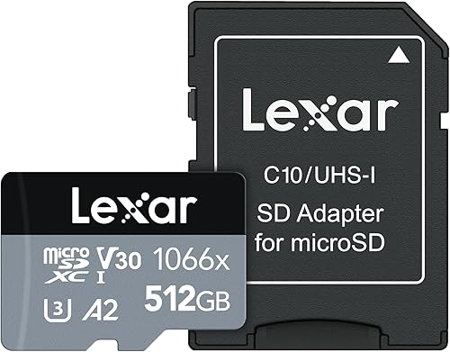 Lexar Tarjeta micro SD profesional de 512 GB de 1066 x con adaptador SD, UHS-I, U3, V30, A2, Full HD, 4K, hasta 160120 MBs, para cámaras de acción,