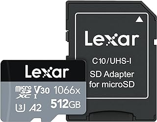 Lexar Professional 1066x 512GB microSDXC UHS-I Card w/SD Adapter Silver Series, Up to 160MB/s Read, for Action Cameras, Drones, High-End Smartphones and Tablets (LMS1066512G-BNANU)