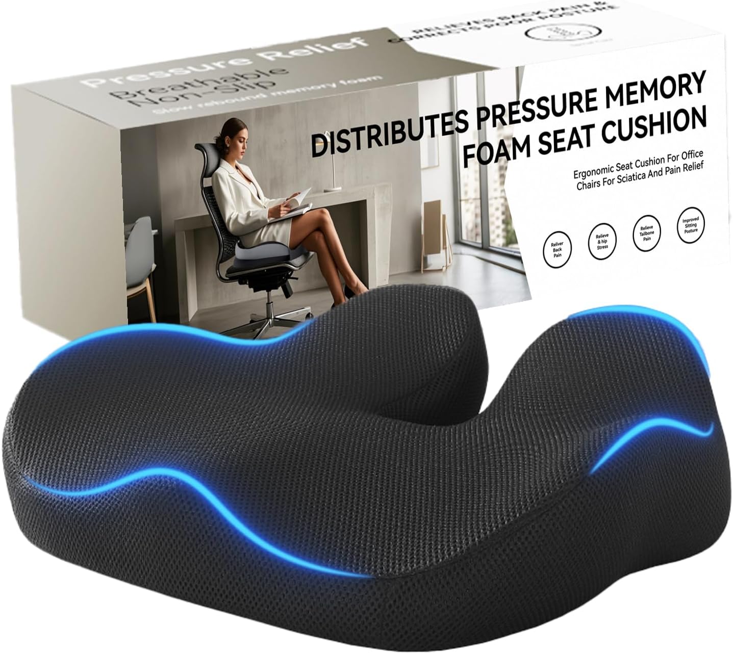 Memory Foam Seat Cushion for Office Chair, Car, Wheelchair – Coccyx Tailbone Support Pad for Sciatica & Back Pain Relief, Ergonomic Chair Cushion for Home, Travel, Work Desk (Black)
