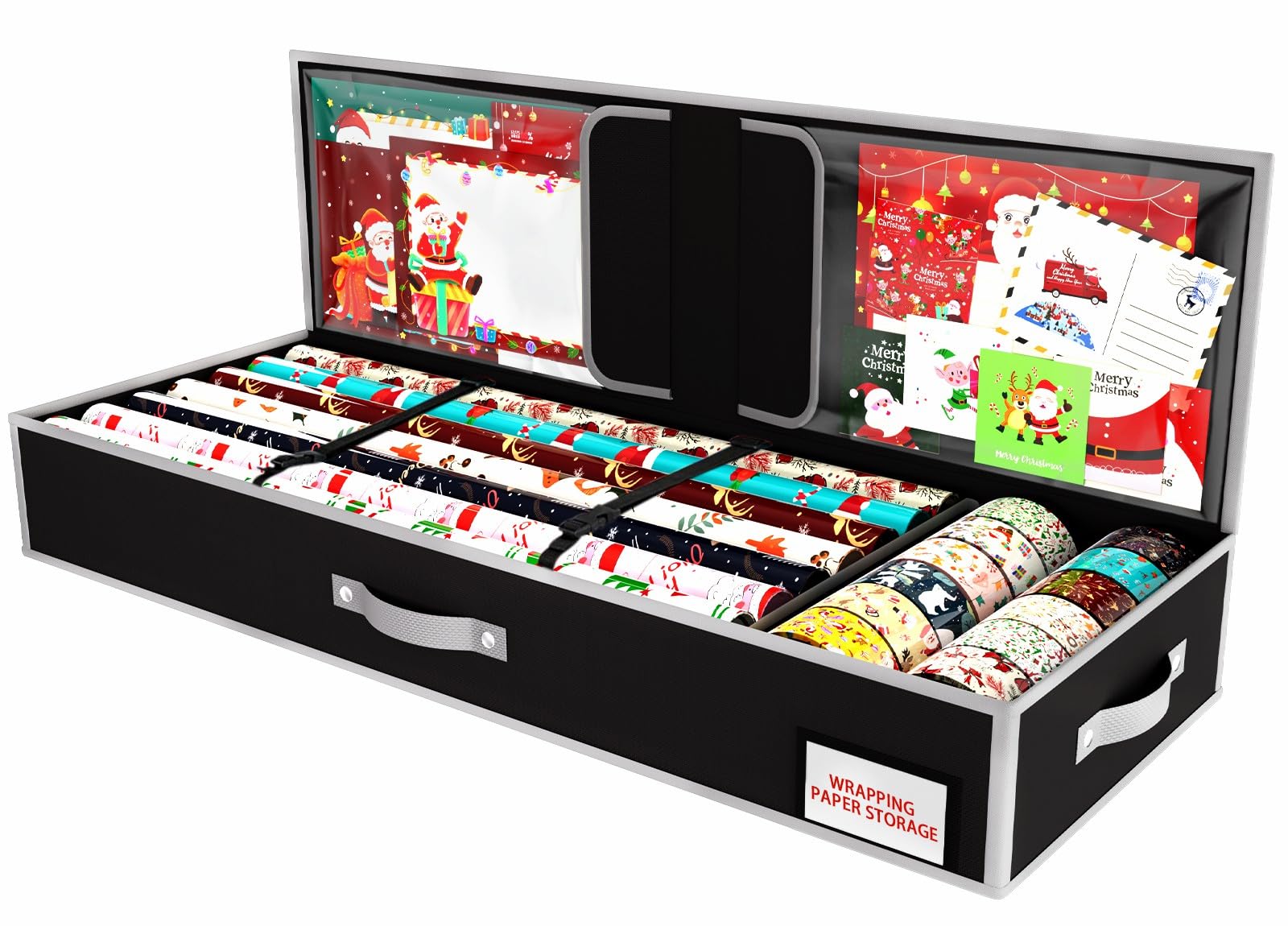 Christmas Wrapping Paper Storage Bag with Multiple Pockets, Gift Wrap Storage Bag Fits 24 Rolls, Christmas Decoration Organiser Box for Bows, Tags, Scissor & Ribbons(Black)