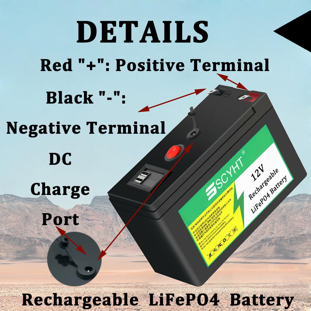 Batería de Litio 12V 20Ah 15Ah Batería LiFePO4 10Ah Baterías extraíbles Baterías Recargables para energía Solar para Motor 100W a 250W con Cargador y Puerto USB