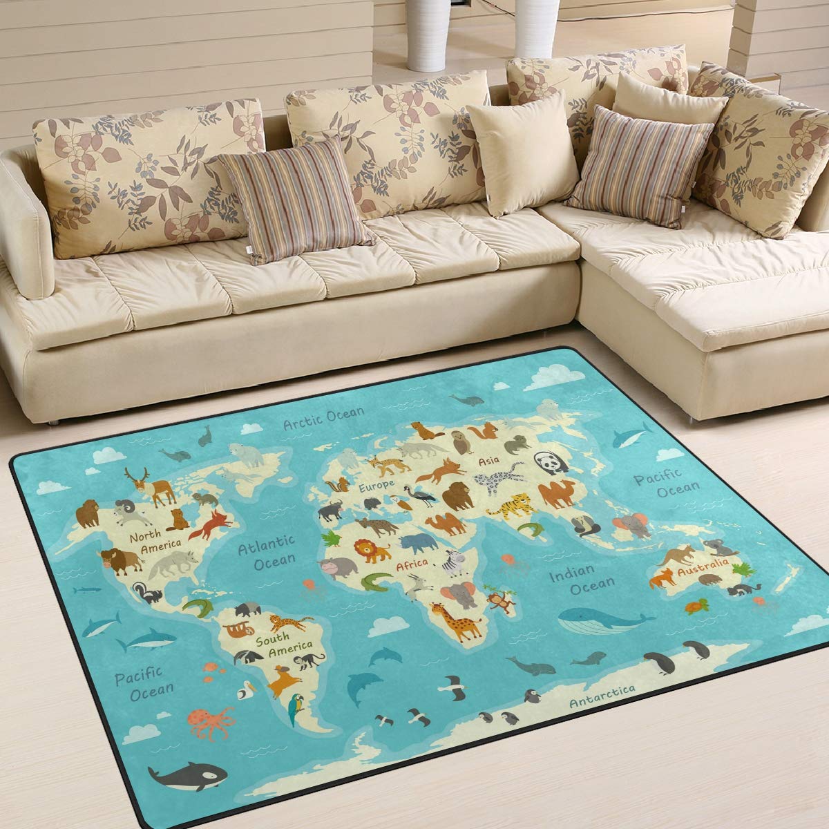 Use7 Multicolor Cartoon Animal World Map Area Rug Rugs For Living Room Bedroom 203Cm X 147.3Cm(7 X 5 Feet)