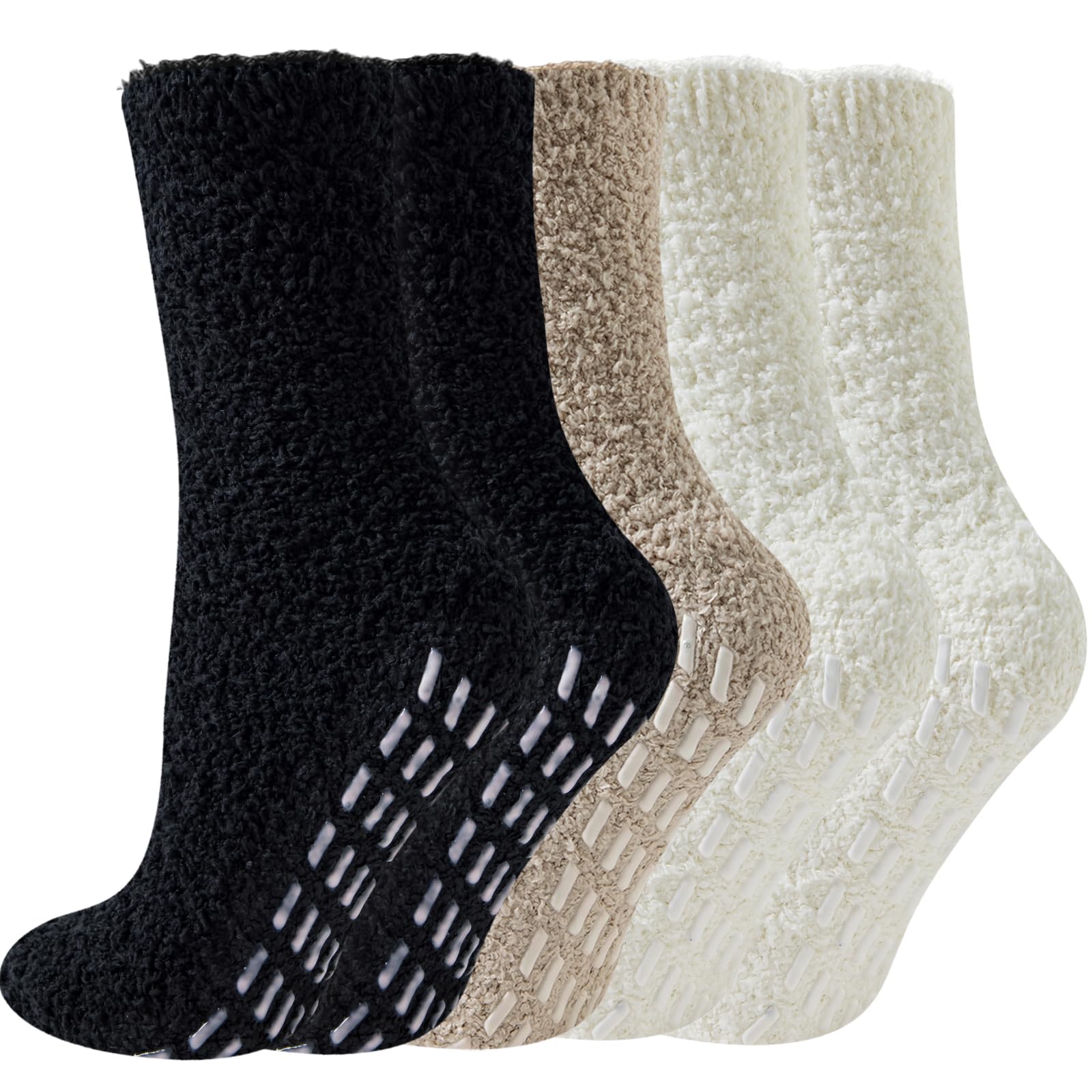 Hocerlu Women's B-2 Black/2 White/1 Khaki 5 Pairs Slipper Socks - No Slip, Soft Cosy Winter Fuzzy Warm, Fluffy Thermal Grip Bed Socks, Size Uk 4-8