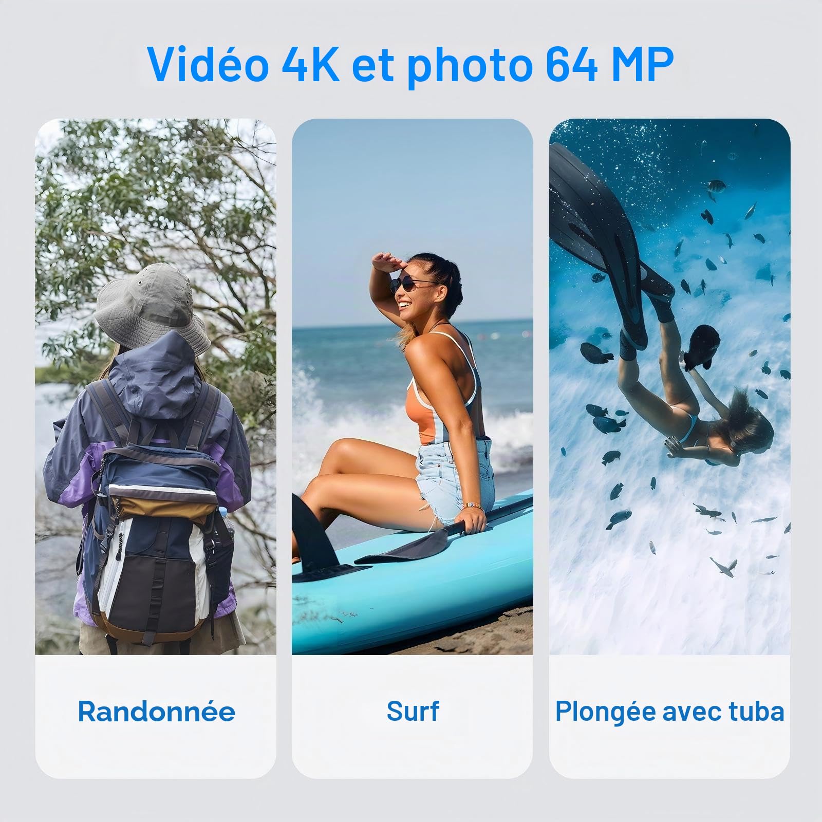 Appareil Photo Numérique Etanche, Yixinxin 4K 64MP 33FT UHD Appareil photo sous-marin pour la plongée avec tuba avec carte de 32 Go Double écran Appareil photo flottant compact étanche à l'eau et à la