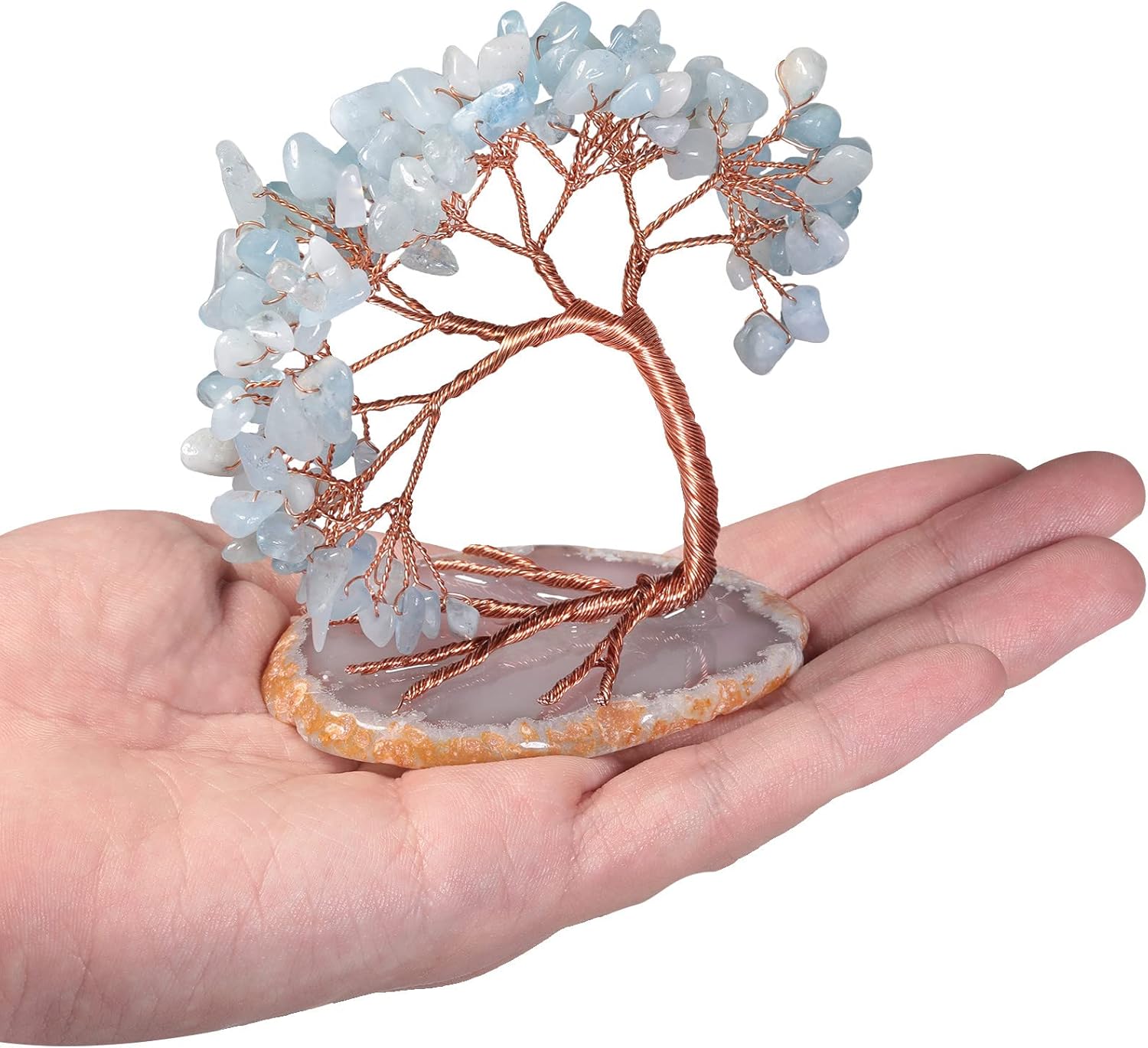 mookaitedecor Natural Aquamarine Crystal Money Tree Agate Slice Base Feng Shui Bonsai Crystal Tree for Wealth Luck Desk Decor, 3-4 Inch High - Image 2