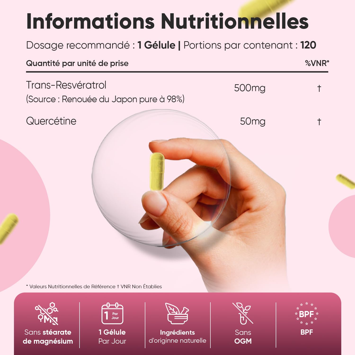 Trans Resveratrol (98%) avec Quercétine 550mg, 120 Gélules Vegan pour 4 Mois Source de Vitamine C, Resveratrol Polyphenols Renouée du Japon avec Sophora Japonica sans Stéarate Magnésium