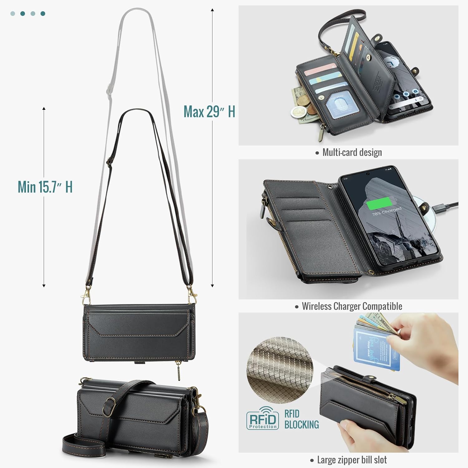 Asuwish Phone Case for Google Pixel 8 Pro 5G Zipper Wallet Cover with Tempered Glass Screen Protector and Leather Flip RFID Blocking Card Holder Cell Pixel8Pro Pixel8 XL Eight 8Pro Women Girls Black