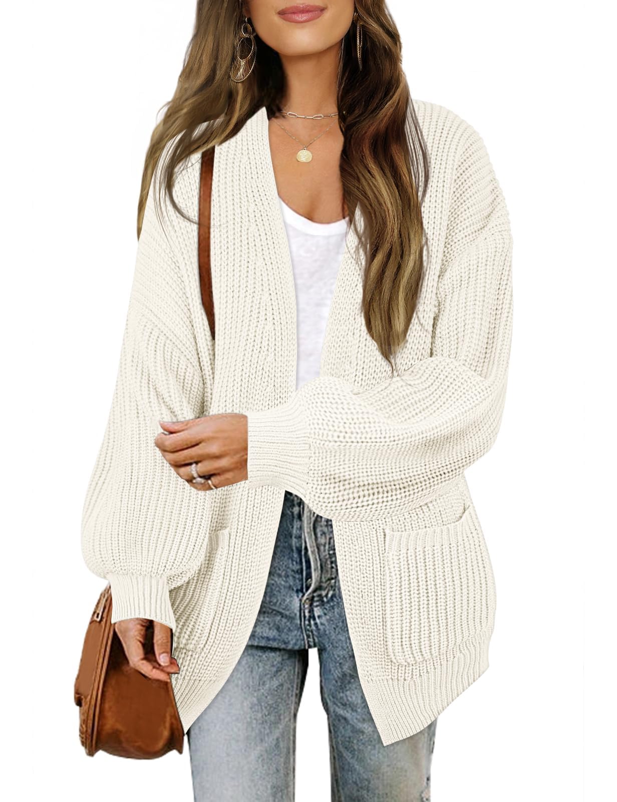 Women's Chunky Cardigan Sweaters 2025 Lantern Long Sleeve Oversized Knit Outerwear with Pockets
