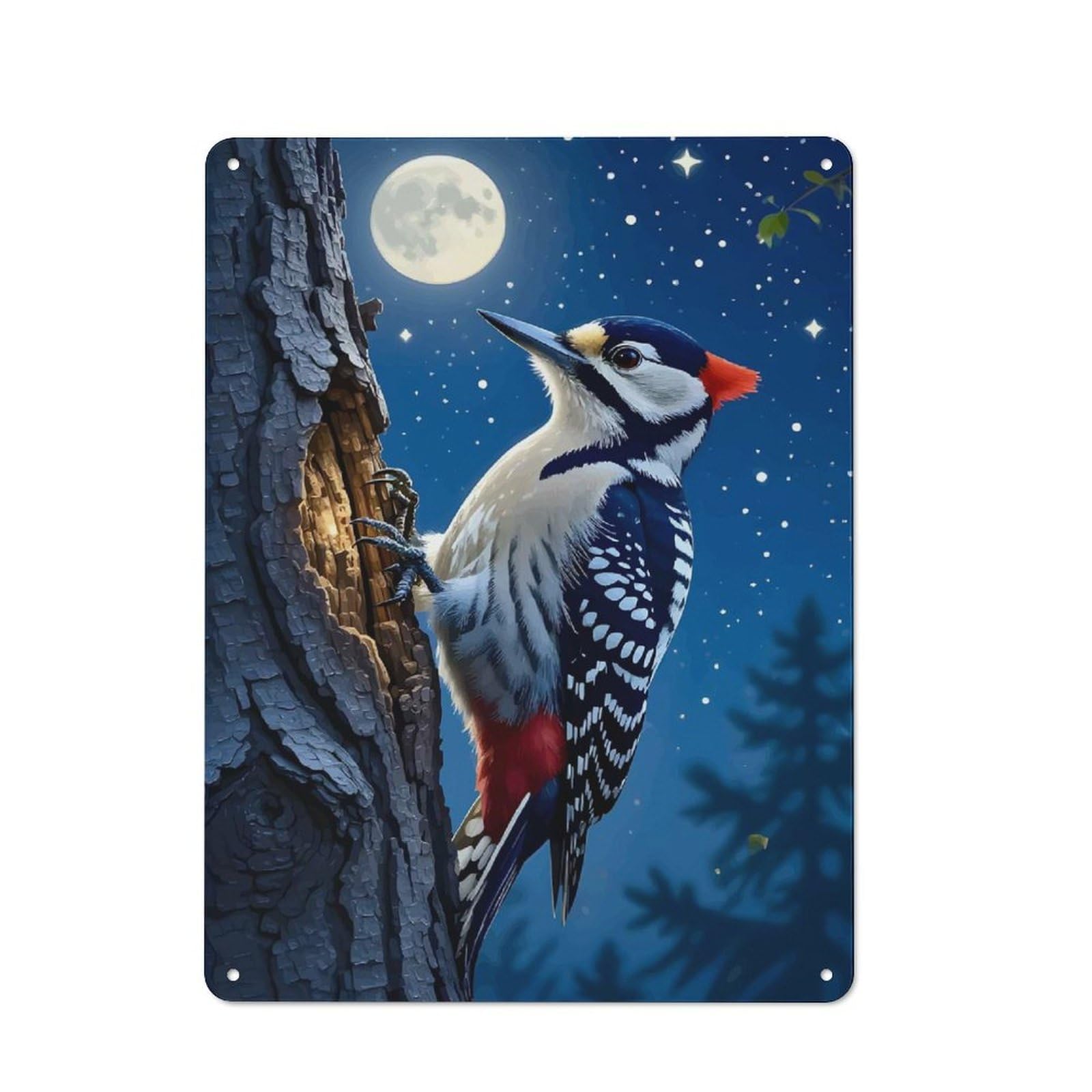 Metal Plaque with Woodpecker in A Moonlit Forest Design 40x30cm, Rustic Cafe Wall Decor for Restaurant, Kitchen, Counter Or Breakfast Nook