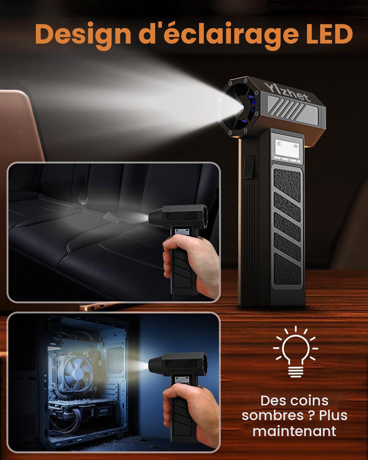 Yizhet Souffleur Air Comprimé avec Lumière LED et écran LED 130000RPM 4 Vitesses de Mini Souffleur Sans Fil Puissant et Portable pour PC,Clavier,Voiture,Extérieur,Maison
