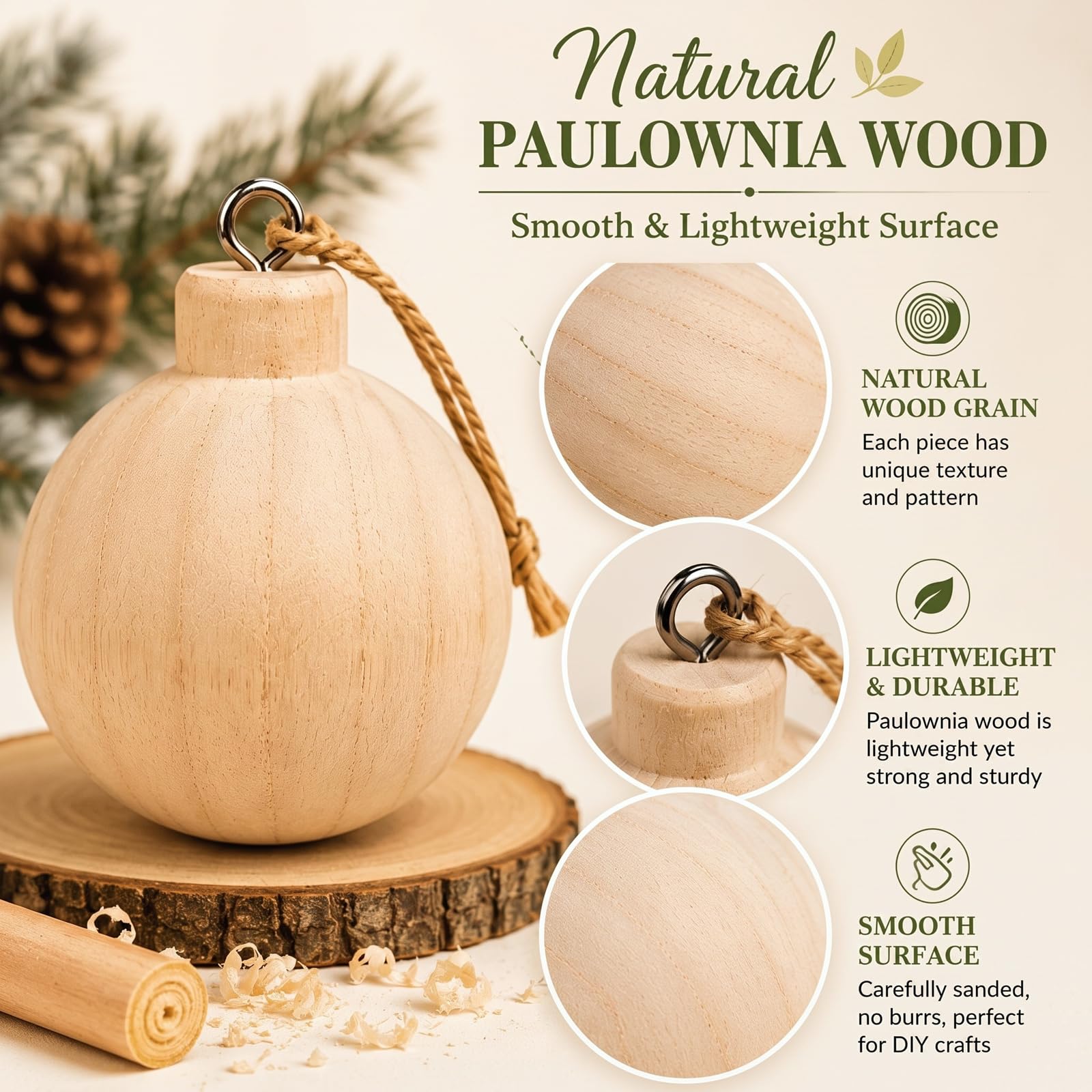 Hiboom 12 Stück 6,6 x 6,1 cm große Holz-Weihnachtskugeln, unlackiert, natürlich, rund, Paulownia-Kugeln, Ornamente für Weihnachtsbäume, Basteln, Basteln, Basteln, Malen, Erwachsene, 12 Stück