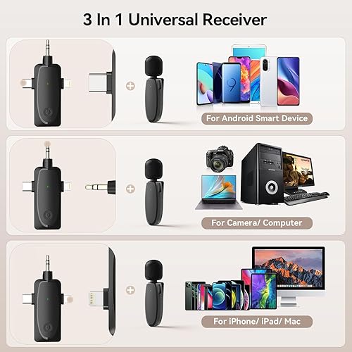 Miniatura 4 de Micrófono Lavalier inalámbrico de 393 pies para iPhone, Android, cámara, portátil, mini micrófonos duales 3 en 1 2.4G, retardo ultra bajo y