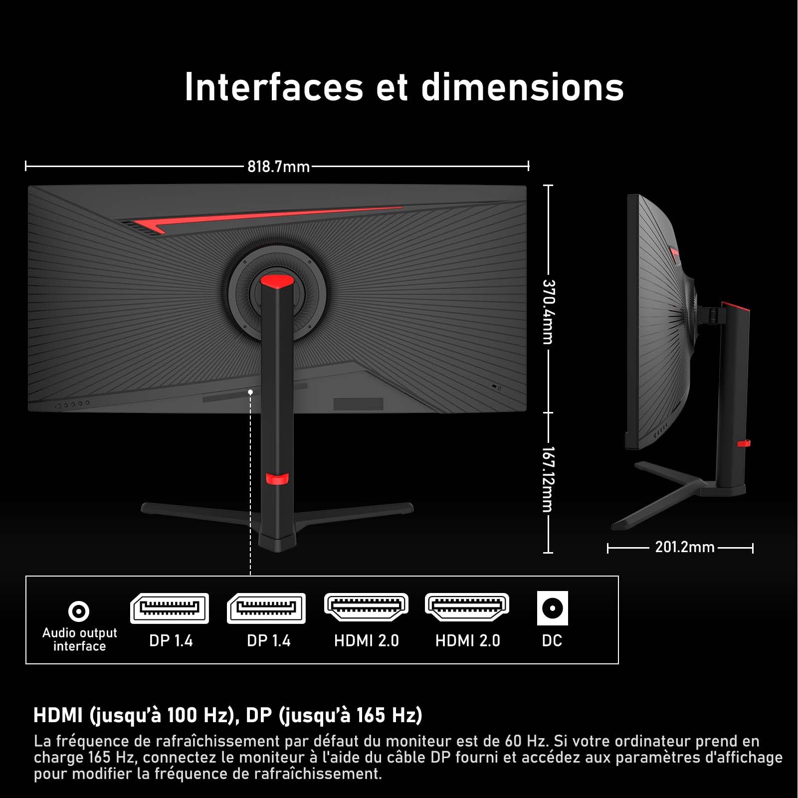 Gawfolk Écran PC Gaming Incurvé Ultrawide 34 Pouces 165 Hz, Moniteur 3800R 21:9 UWQHD (3440x1440), 120% sRGB, 1 ms, Adaptive Sync, Display Port, HDMI, Réglable en Hauteur, Haut-parleurs Intégrés-Noir