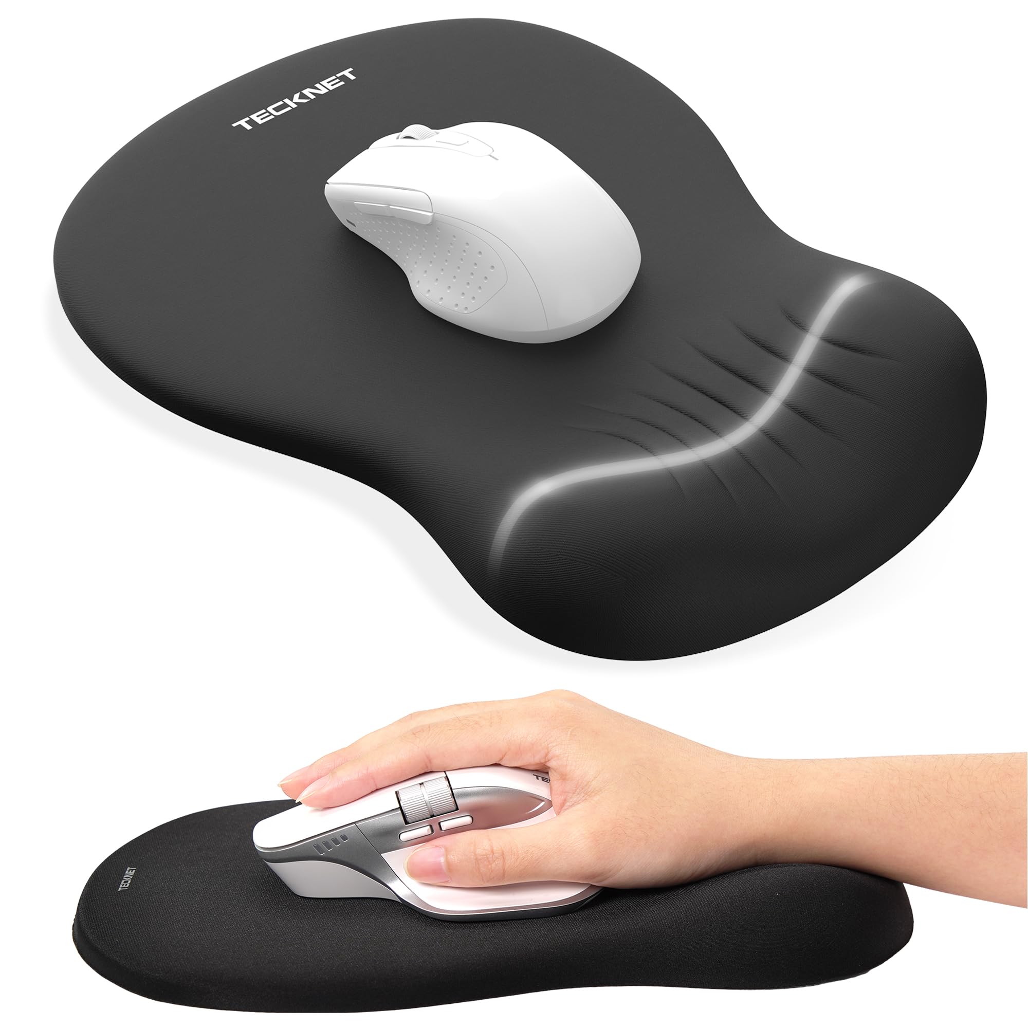TECKNET Ergonomisches Mauspad, Memory-Schaum Mousepad mit Handauflage, rutschfeste PU-Basis, Wasserfestes Computer Mausunterlage für Büro, Zuhause und Reisen, Schwarz