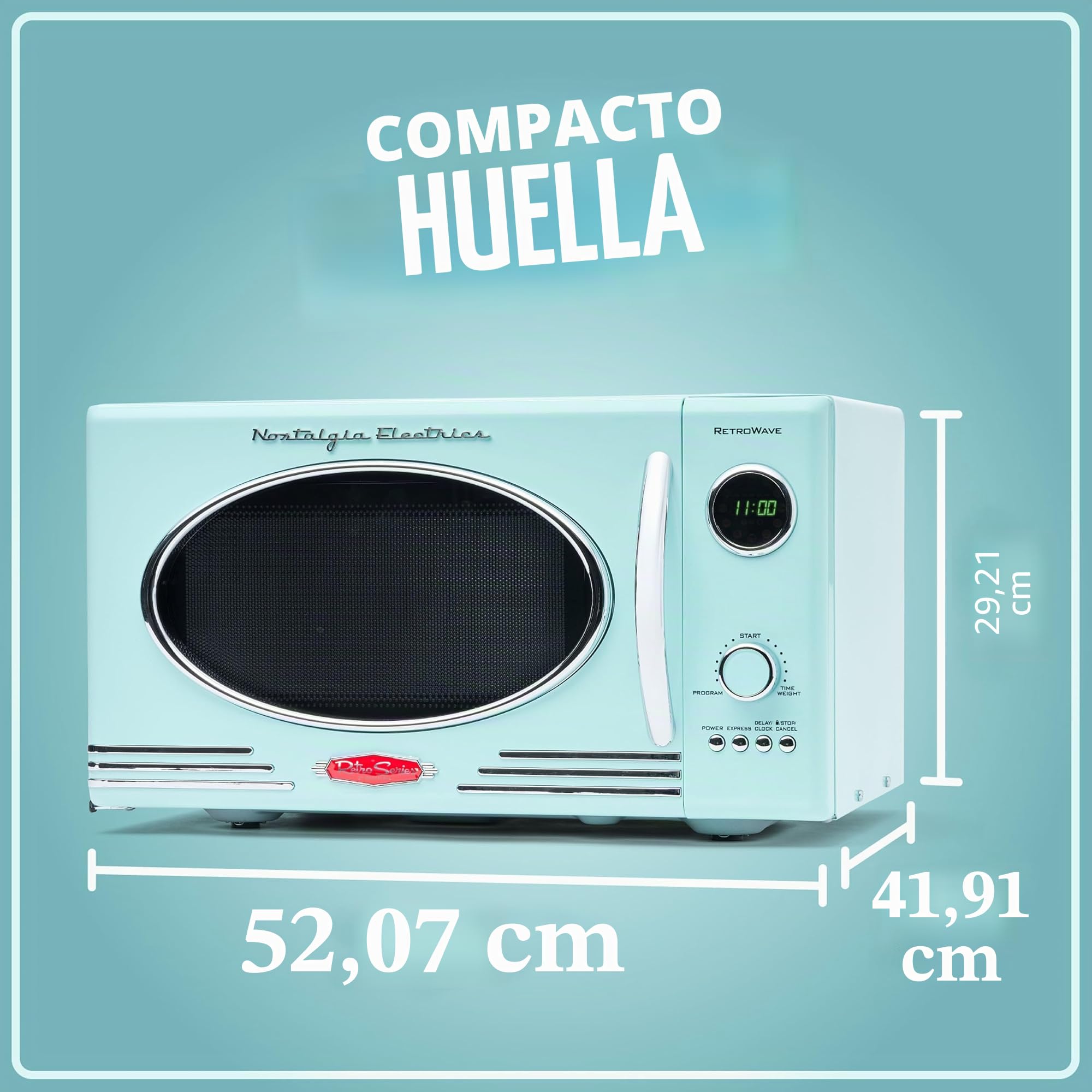 Nostalgia Microondas Retro de Encimera - Gran Potencia de 800 Vatios - 25 Litros - 12 Programas de Cocción Preestablecidos - Reloj Digital - Electrodomésticos de Cocina - Aguamarina